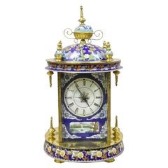 Vintage Chinese Cloisonne Brass Figural Porcelain Enamel Mantel Clock