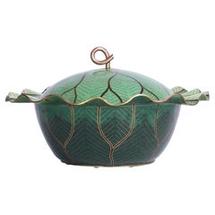 Vintage Chinese Cloisonne Cabbage Leaf Lidded Bowl