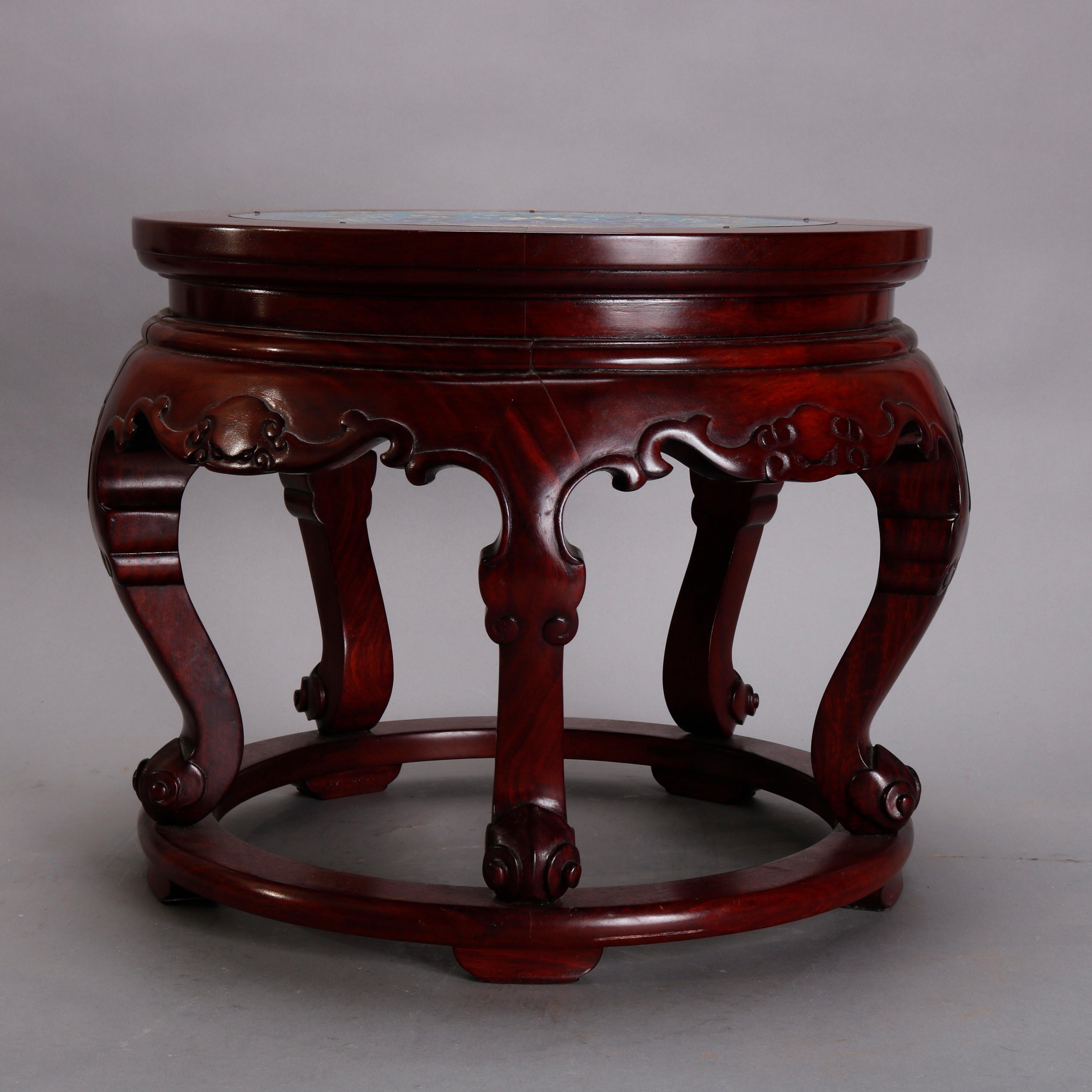 Vintage Chinese Cloisonne and Carved Mahogany Low Table, 20th Century In Good Condition In Big Flats, NY