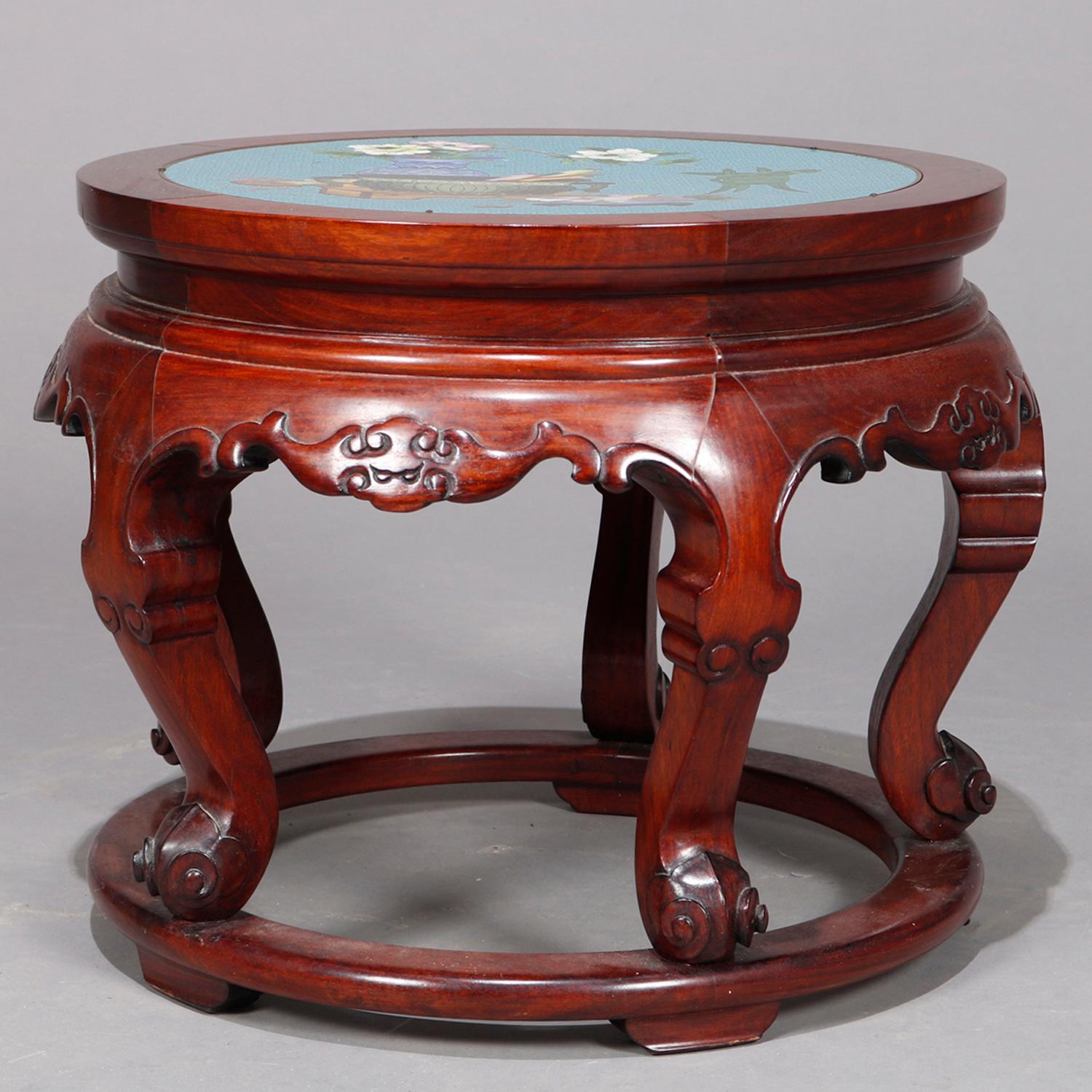 Brass Vintage Chinese Cloisonné and Carved Mahogany Low Table, 20th Century