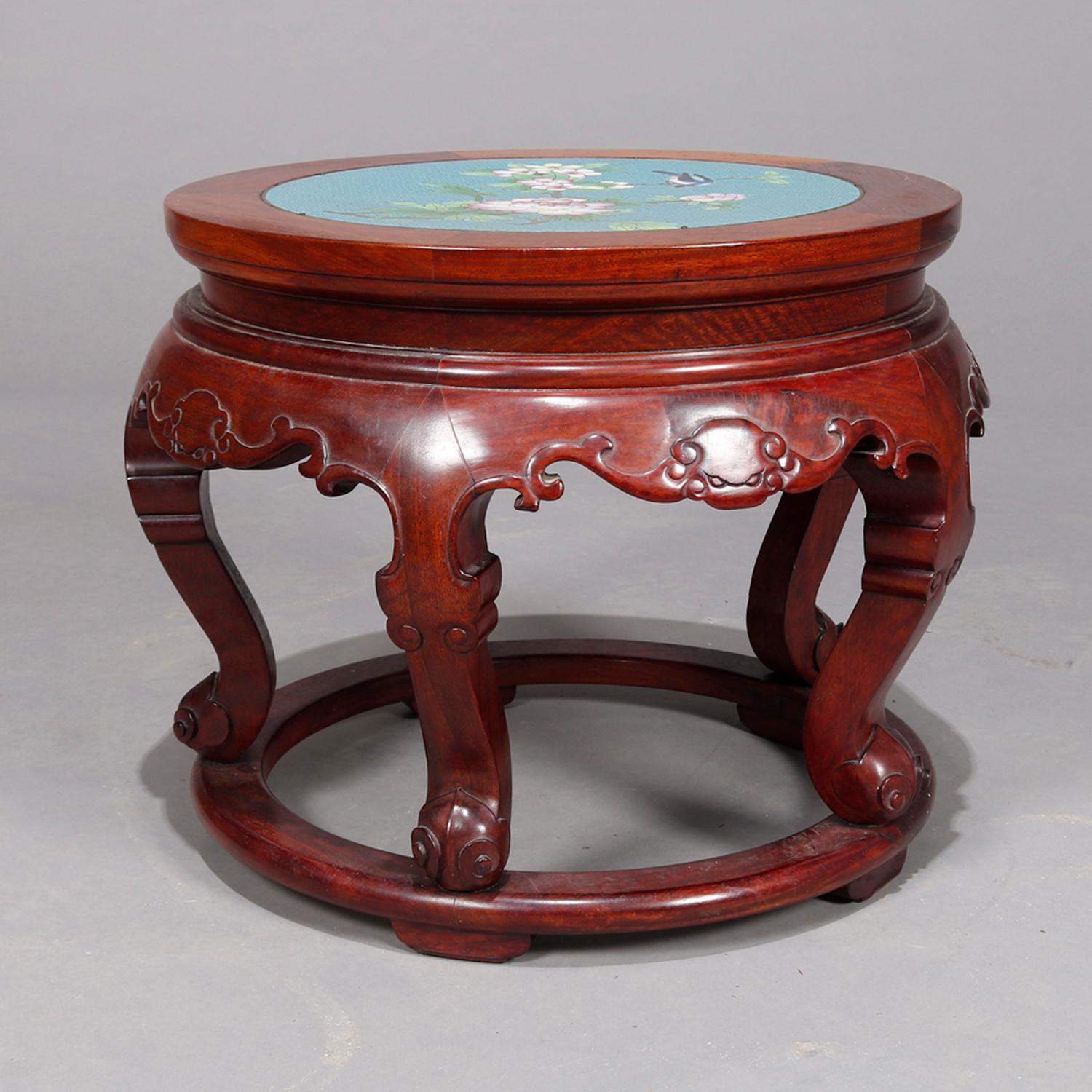 Vintage Chinese Cloisonne & Carved Mahogany Low Table, 20th Century 1