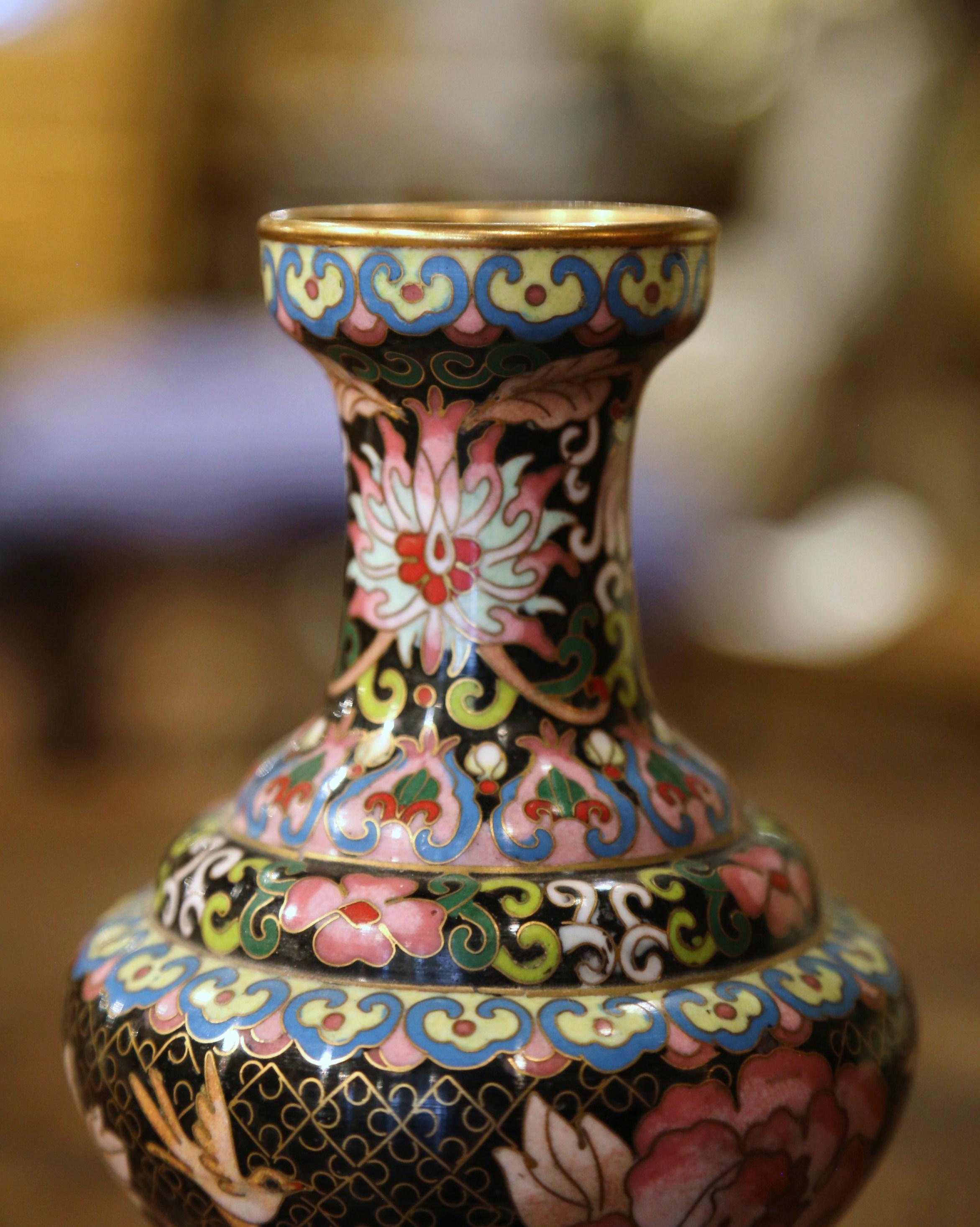Champlevé Vintage Chinese Cloisonne Champleve Enamel Vase with Floral and Scroll Motifs