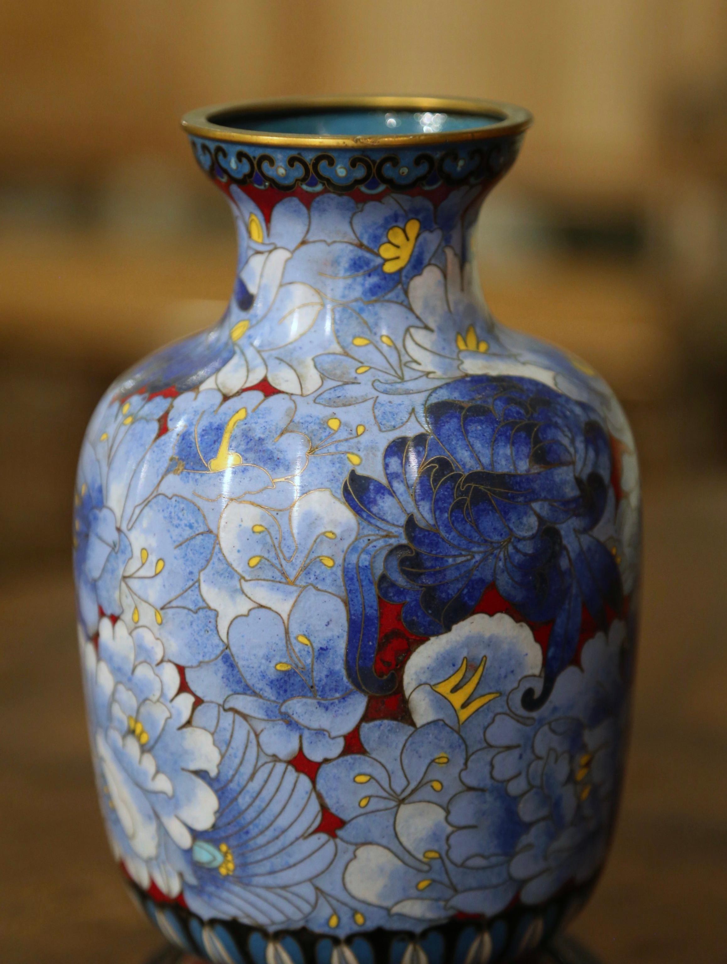 Champlevé  Vintage Chinese Cloisonne Champleve Enamel Vase with Floral Motifs