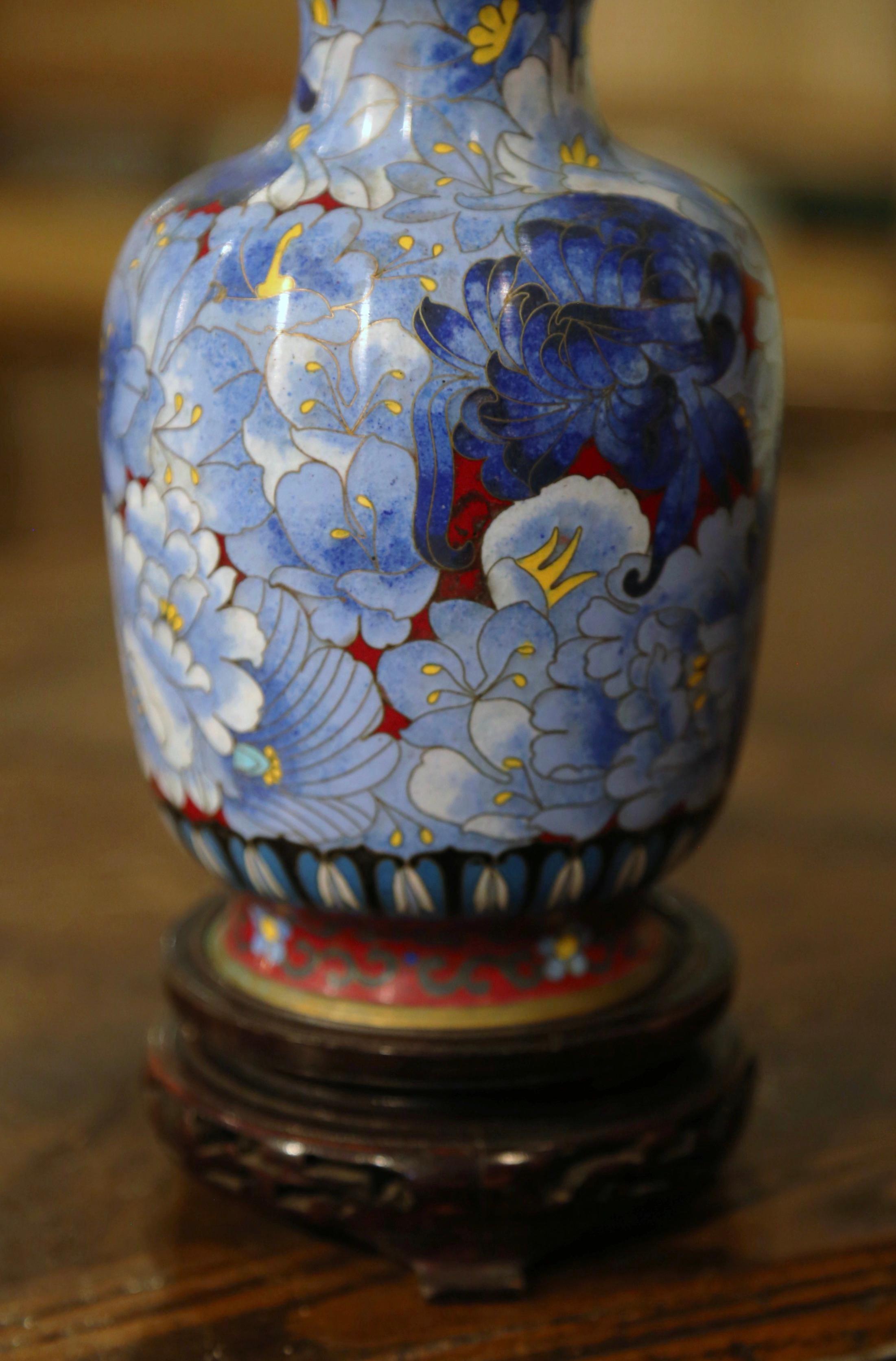  Vintage Chinese Cloisonne Champleve Enamel Vase with Floral Motifs In Excellent Condition In Dallas, TX