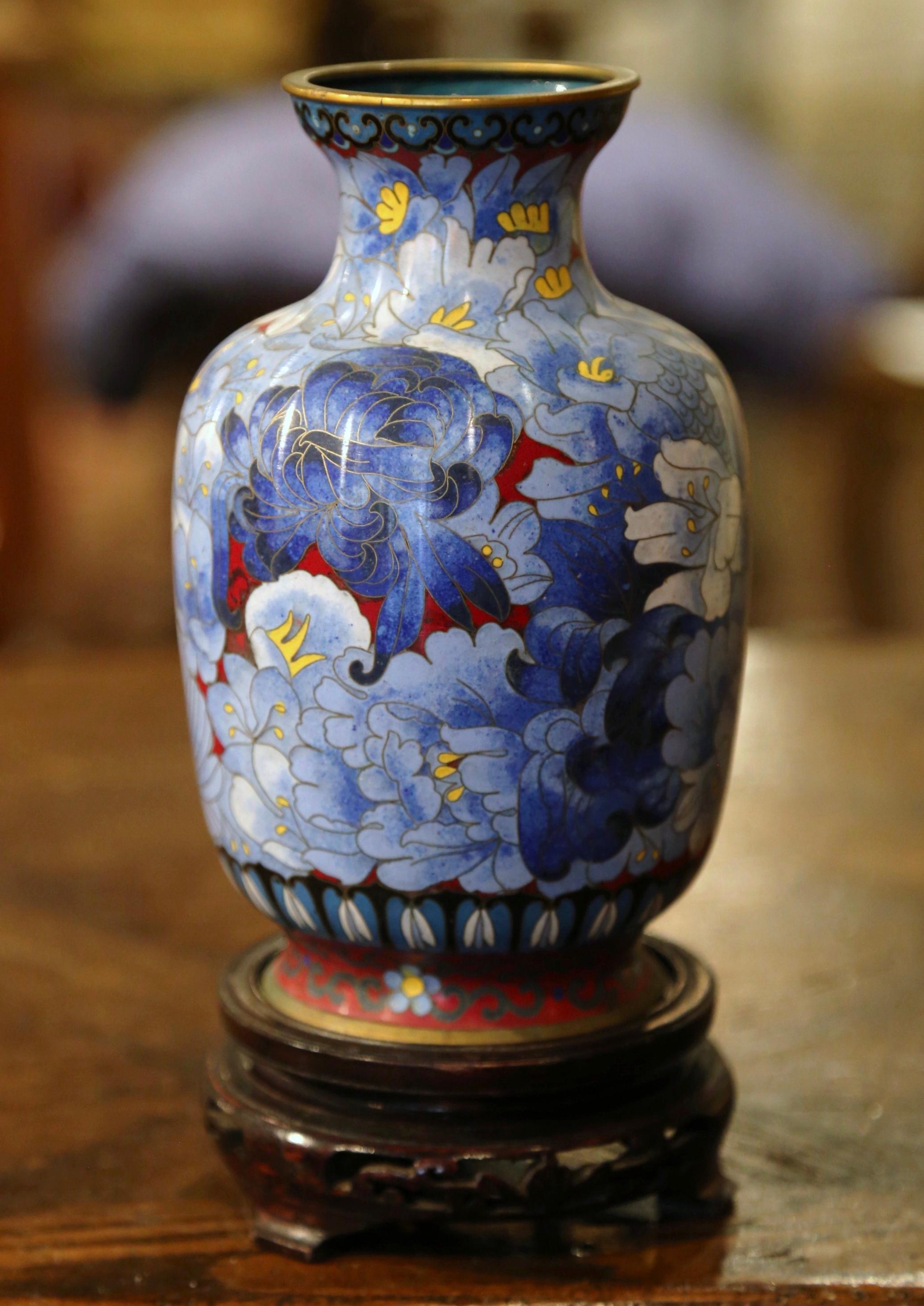 20th Century  Vintage Chinese Cloisonne Champleve Enamel Vase with Floral Motifs