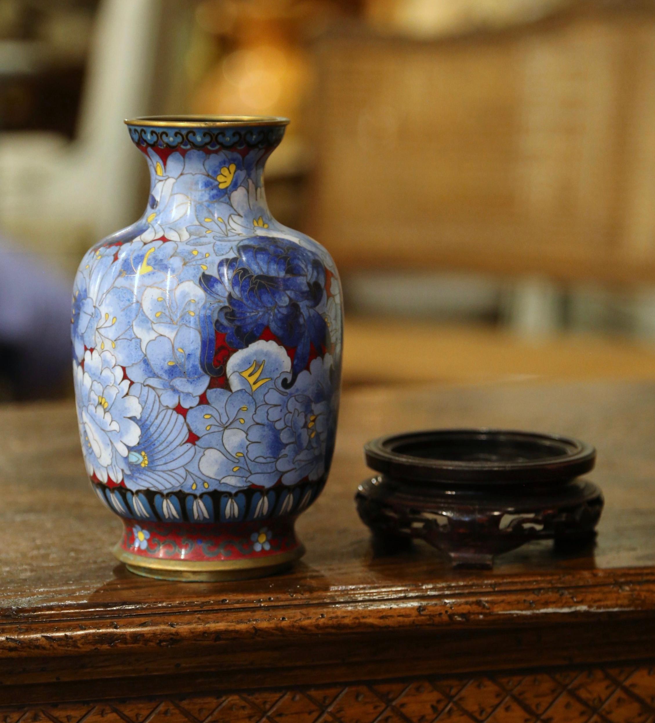 Brass  Vintage Chinese Cloisonne Champleve Enamel Vase with Floral Motifs