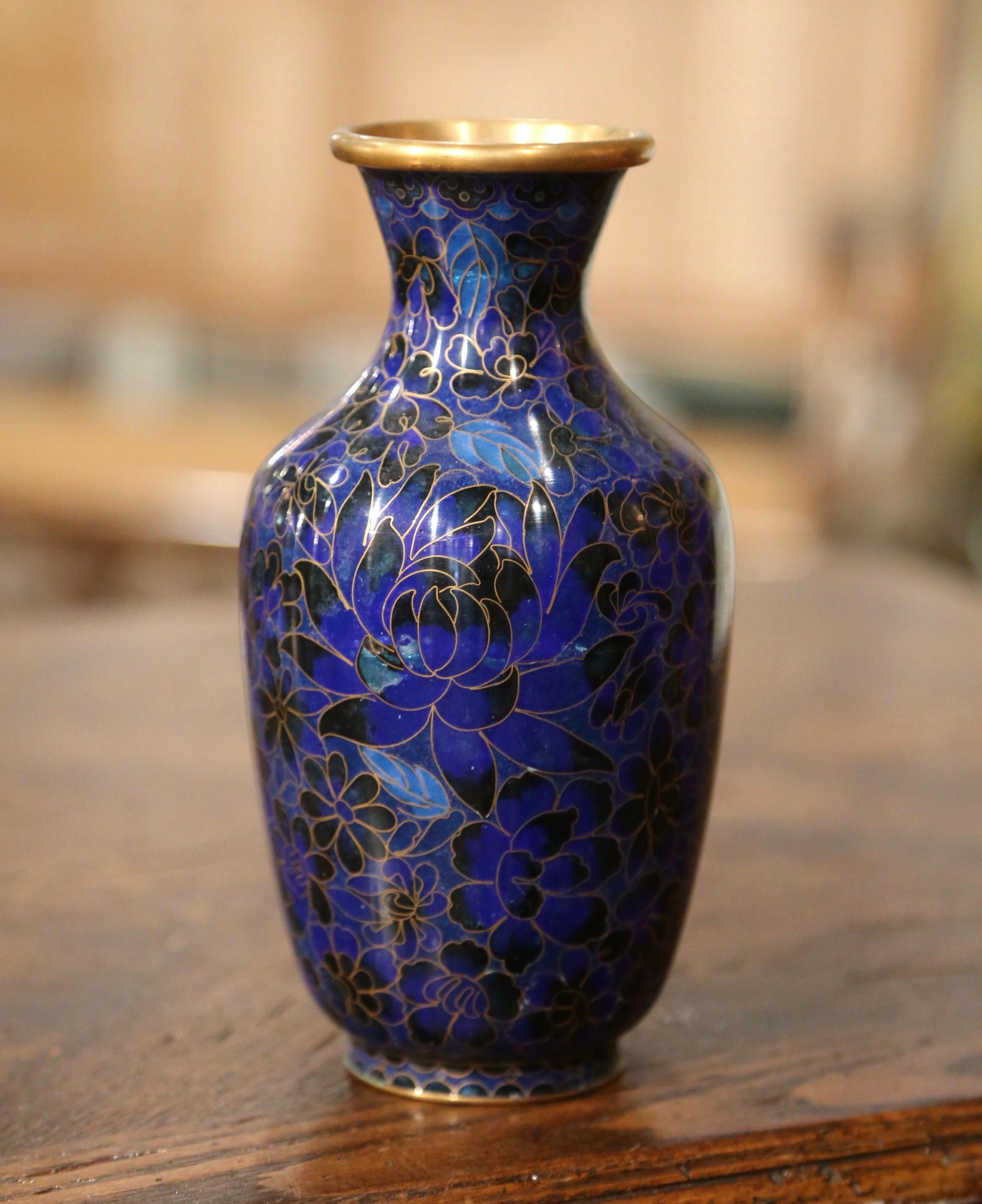 Hand-Crafted  Vintage Chinese Cloisonne Champleve Enamel Vase with Floral Motifs  For Sale