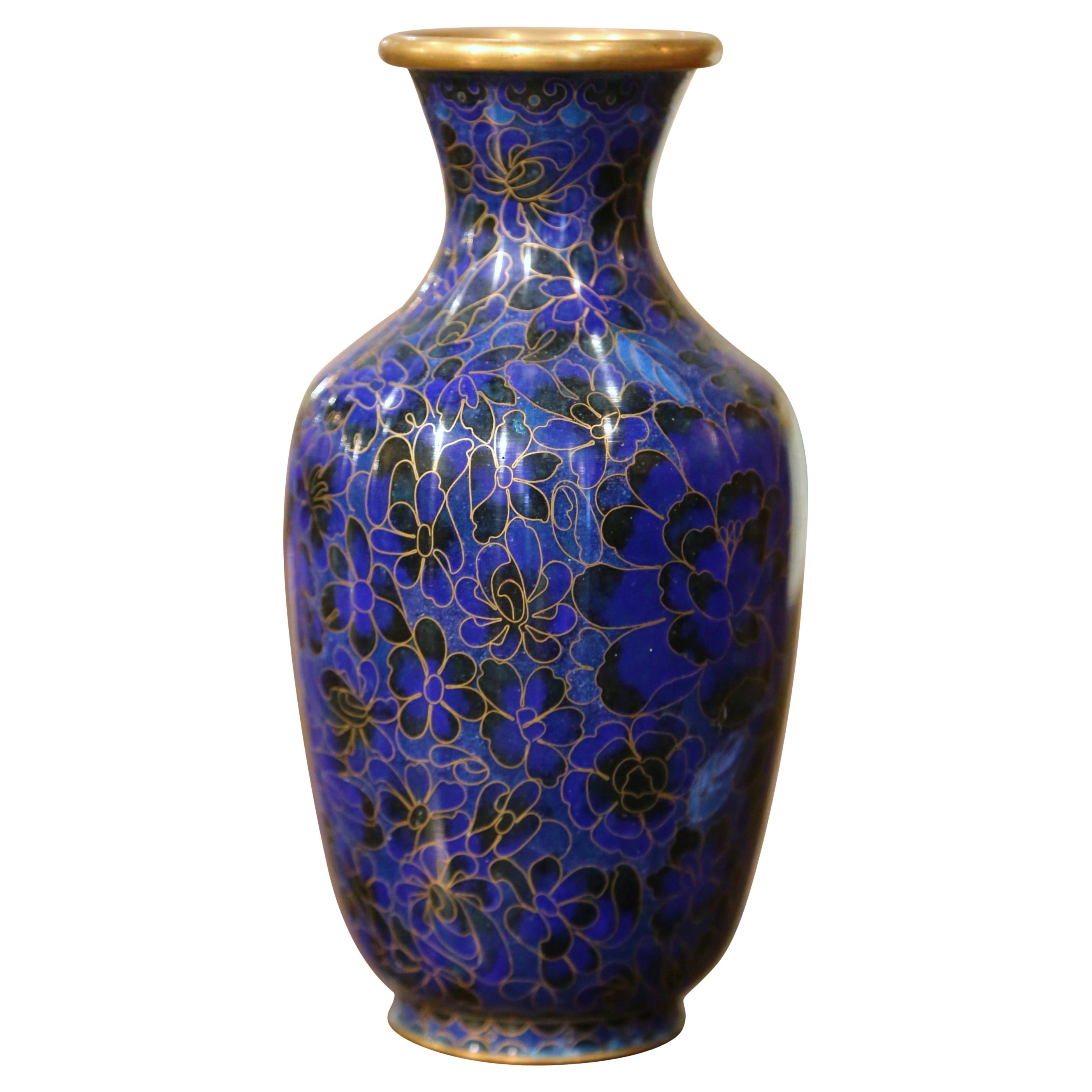 Vintage Chinese Cloisonne Champleve Enamel Vase with Floral Motifs