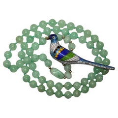 Vintage Chinese Cloisonne Enamel Bird Apple Green Jade Necklace