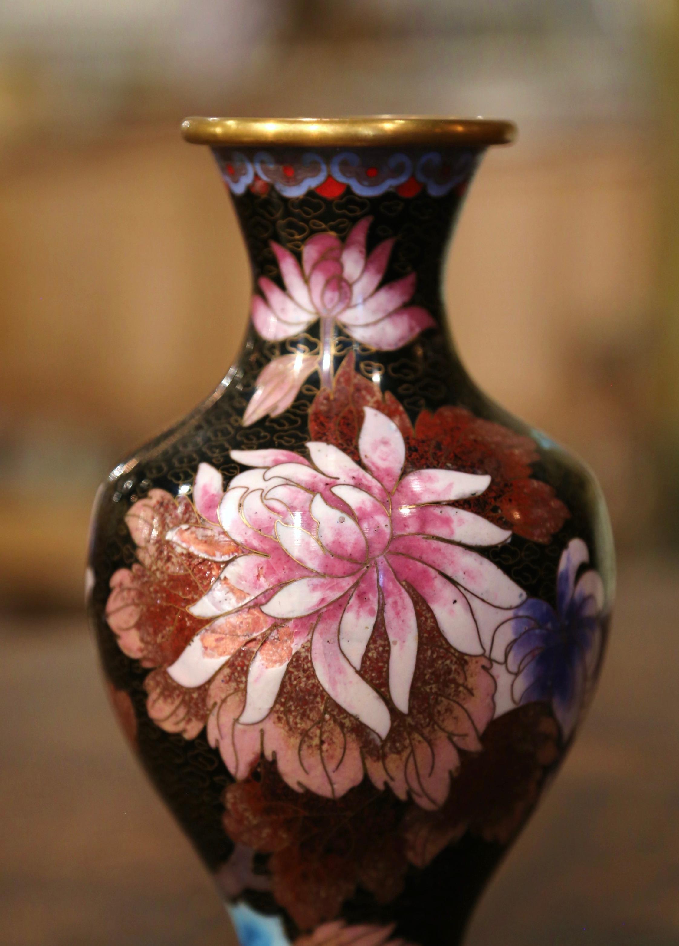 Hand-Crafted  Vintage Chinese Cloisonne Enamel Vase with Floral and Leaf Motifs  For Sale