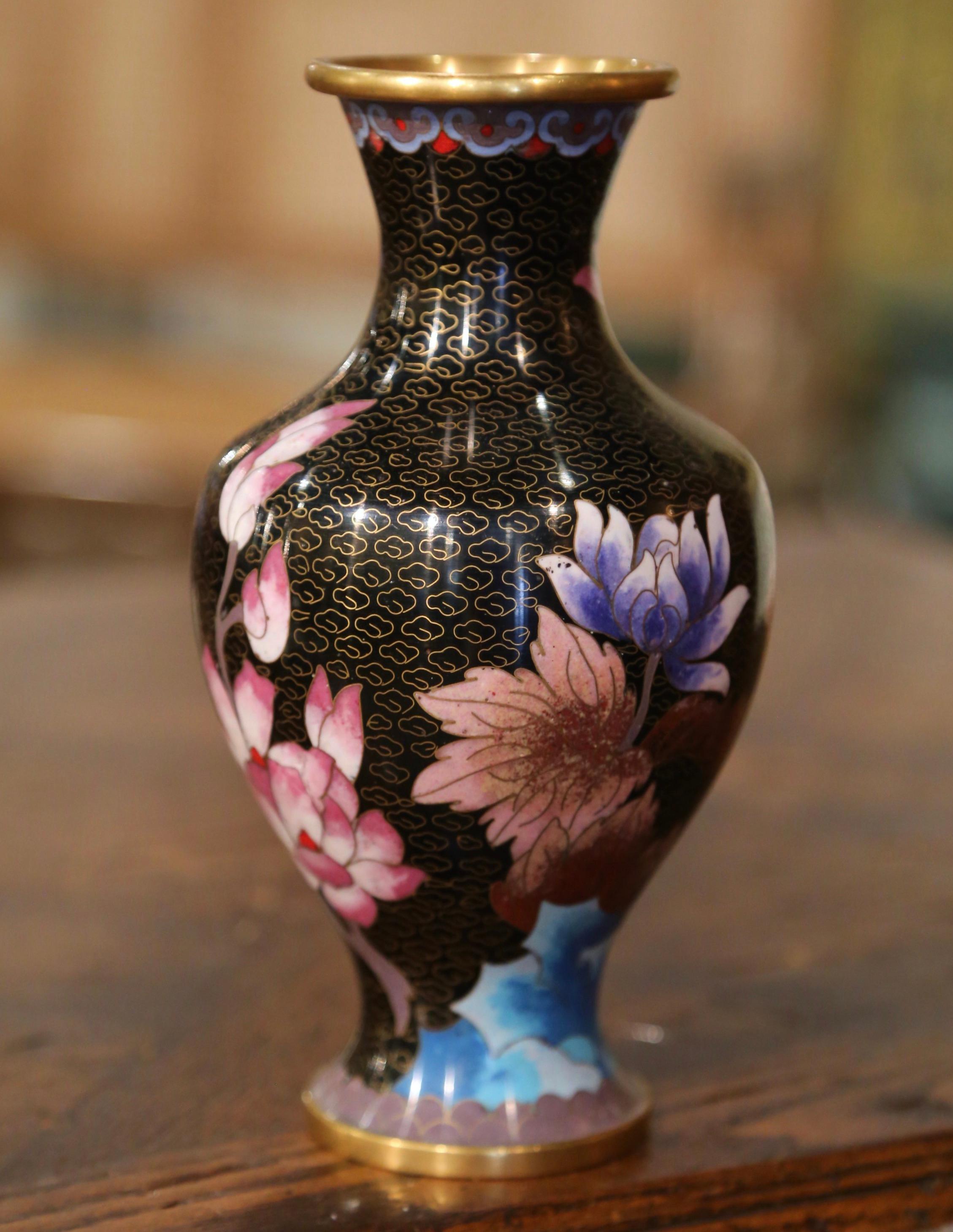 Brass  Vintage Chinese Cloisonne Enamel Vase with Floral and Leaf Motifs  For Sale