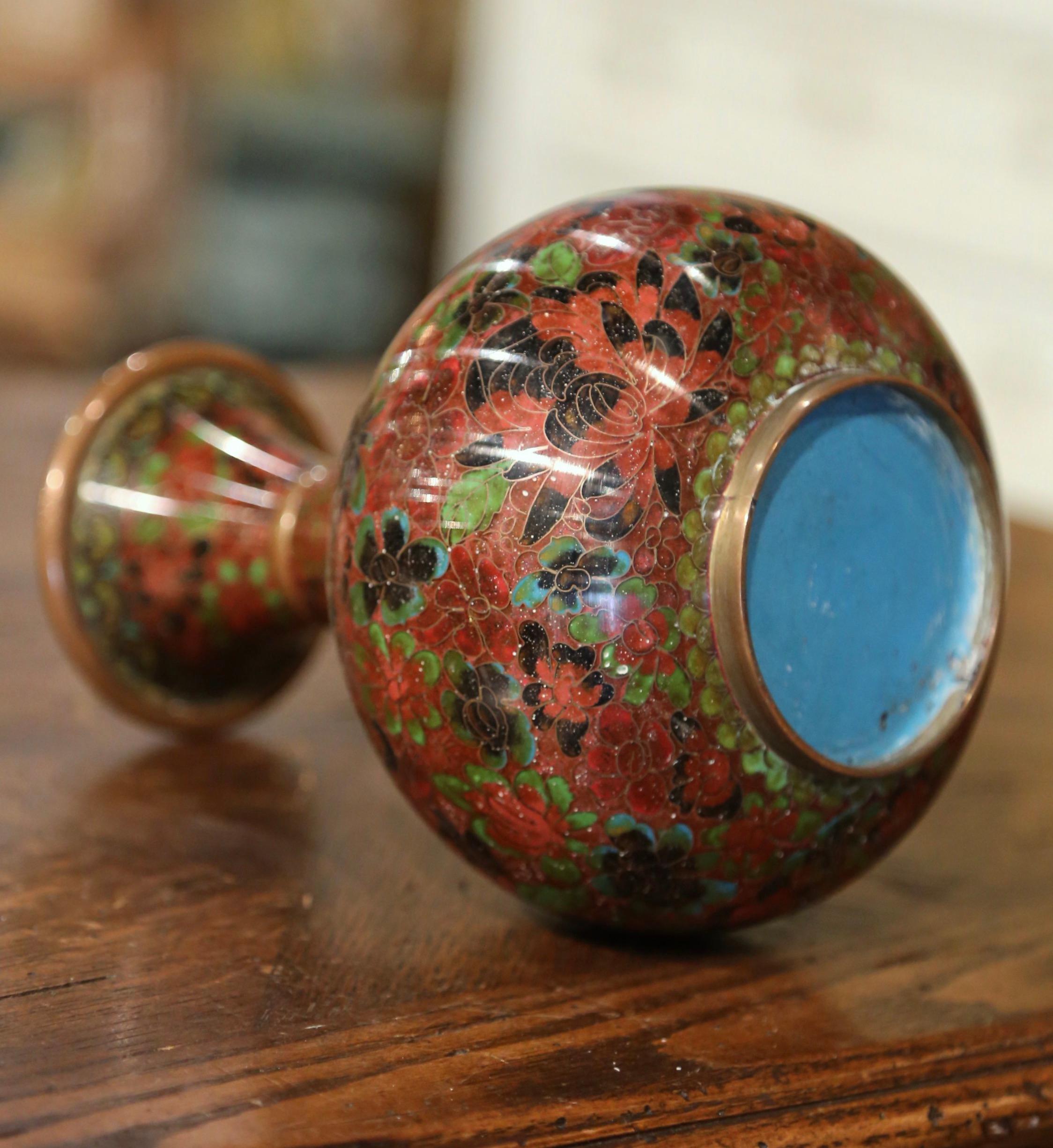Hand-Crafted Vintage Chinese Cloisonne Enamel Vase with Floral Motifs on Wooden Stand For Sale