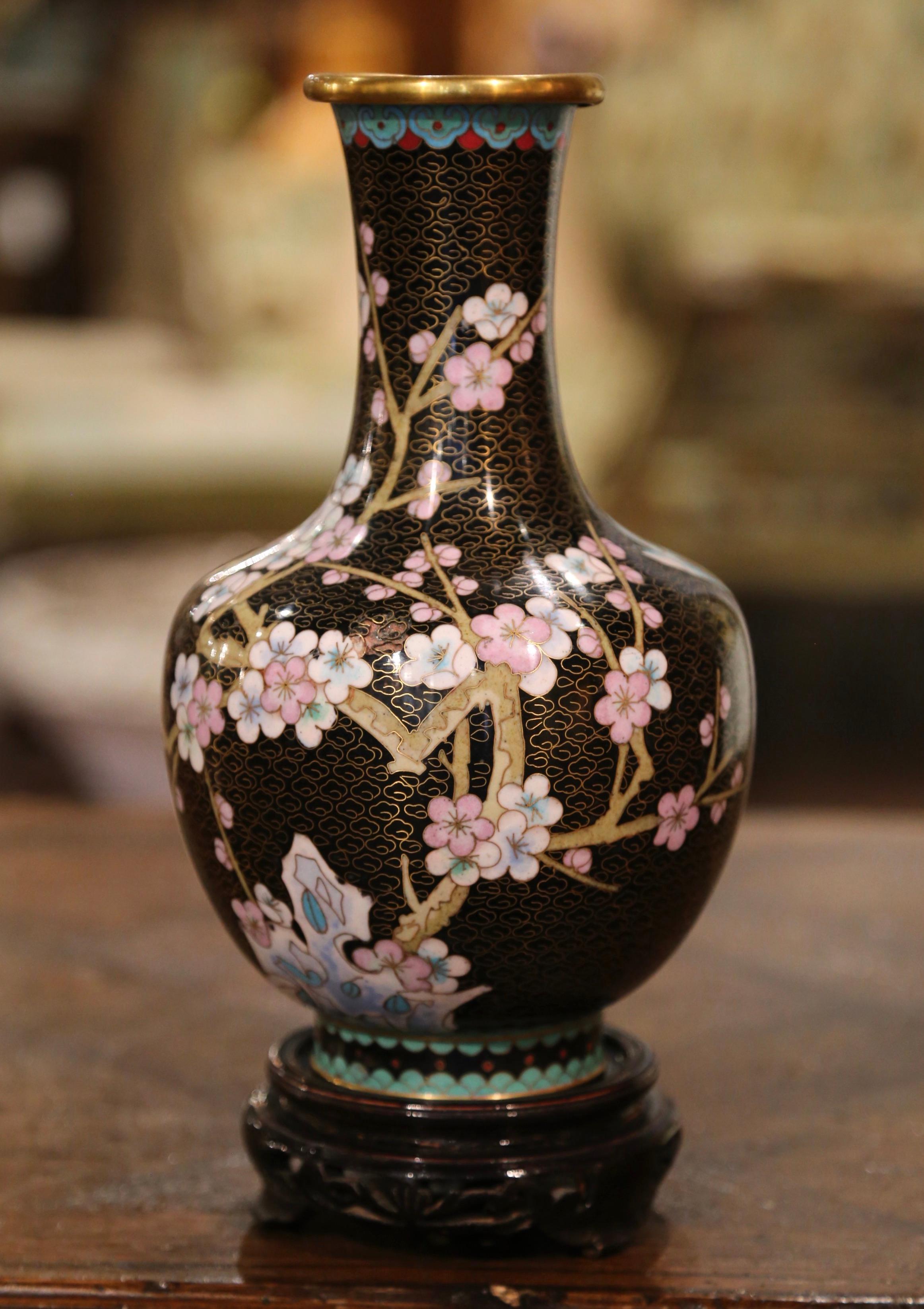 Champlevé  Vintage Chinese Cloisonne Enamel Vase with Floral Motifs on Wooden Stand For Sale