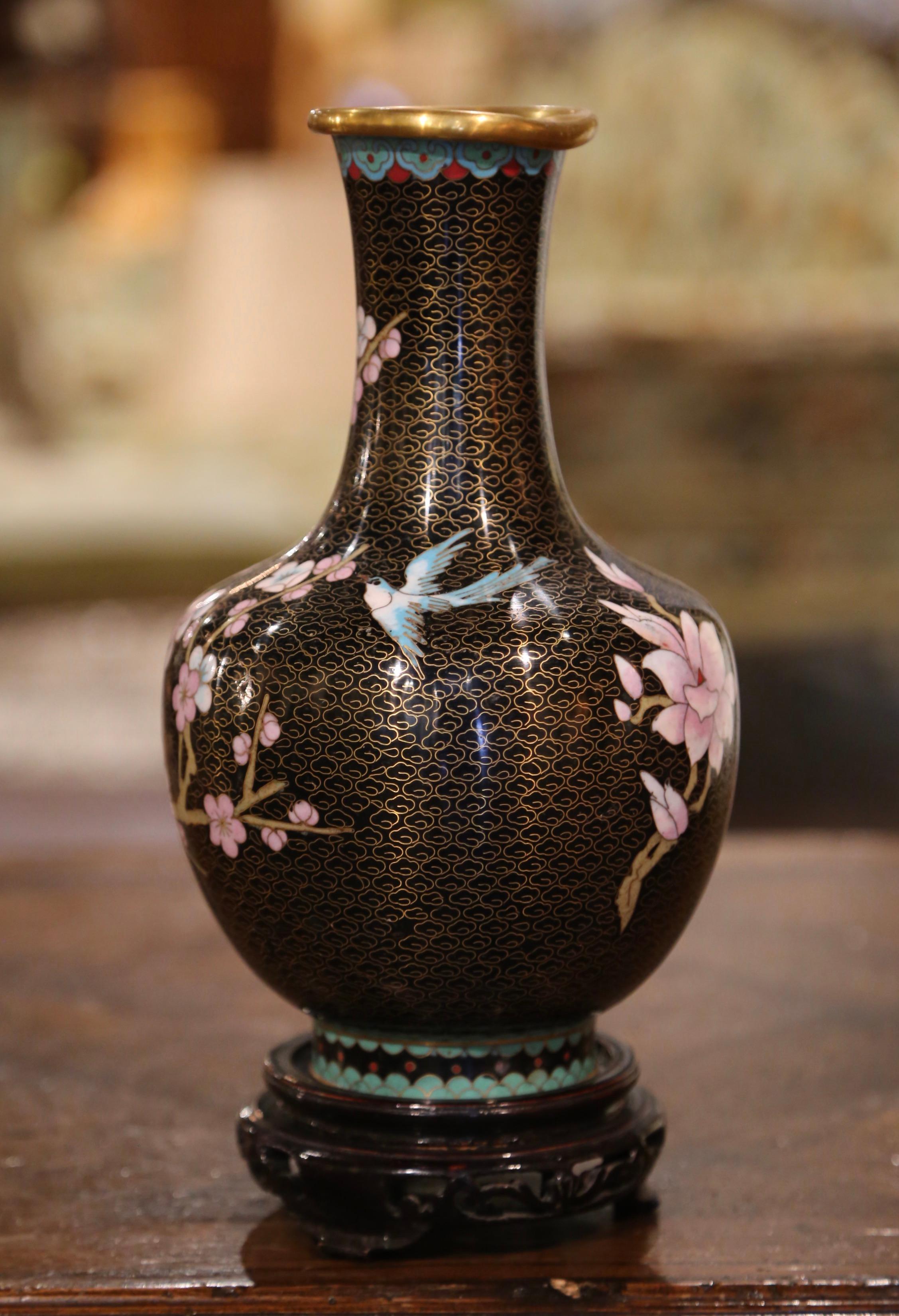  Vintage Chinese Cloisonne Enamel Vase with Floral Motifs on Wooden Stand In Excellent Condition For Sale In Dallas, TX