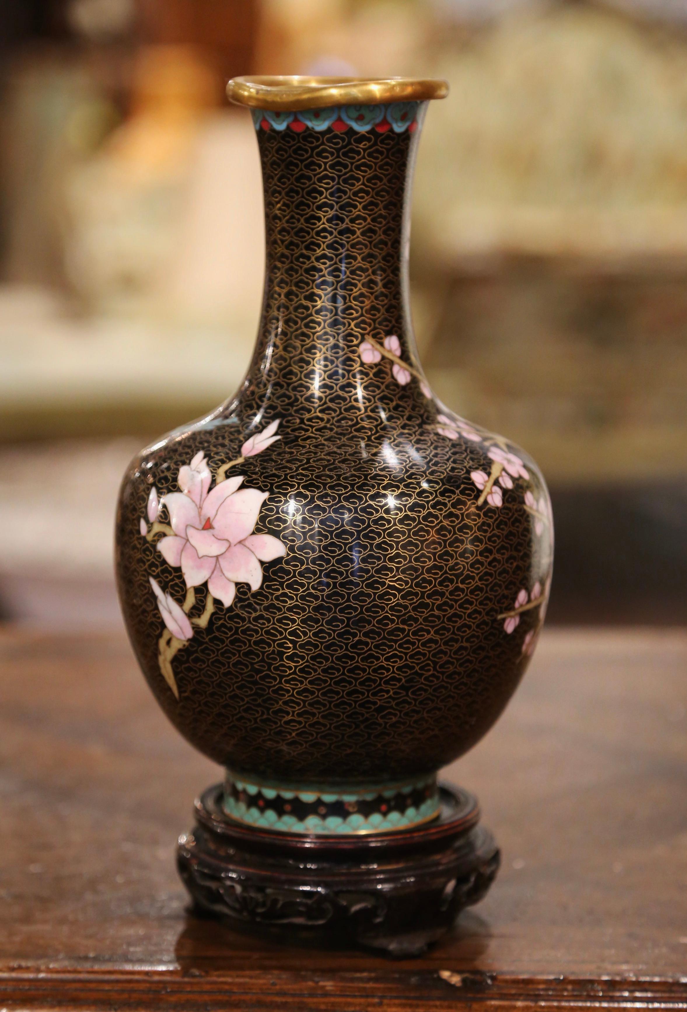 20th Century  Vintage Chinese Cloisonne Enamel Vase with Floral Motifs on Wooden Stand For Sale