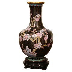 Vintage Chinese Cloisonne Enamel Vase with Floral Motifs on Wooden Stand