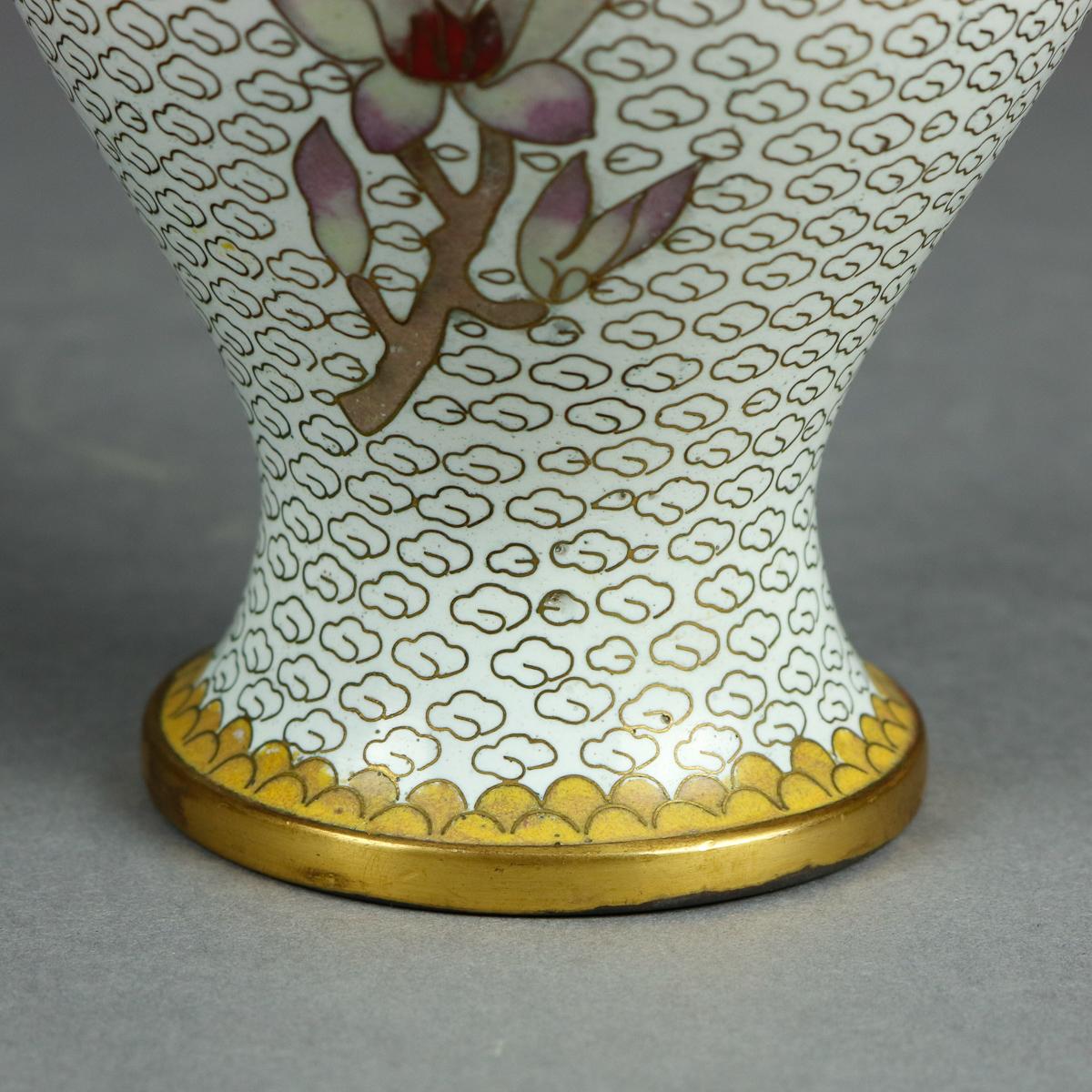Vintage Chinese Cloisonne Floral Garden Enameled Brass Vase, Original Box 1