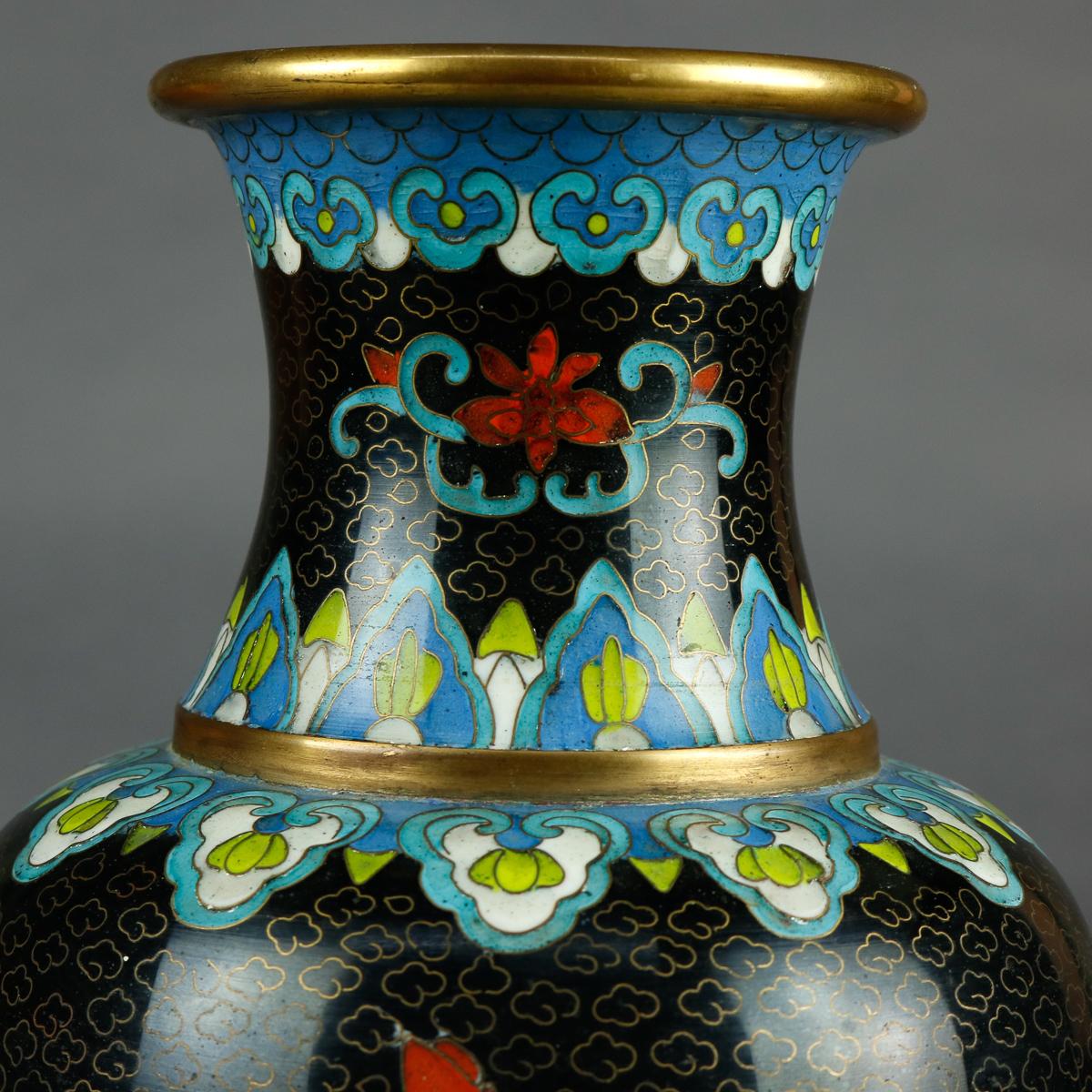 Vintage Chinese Cloisonne Floral Garden Enameled Brass Vase, Original Box 7