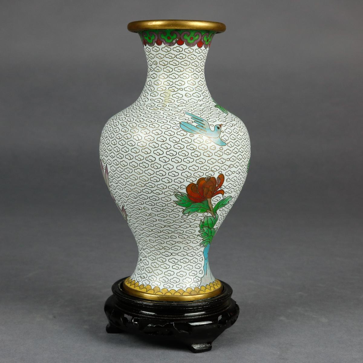 Carved Vintage Chinese Cloisonne Floral Garden Enameled Brass Vase, Original Box