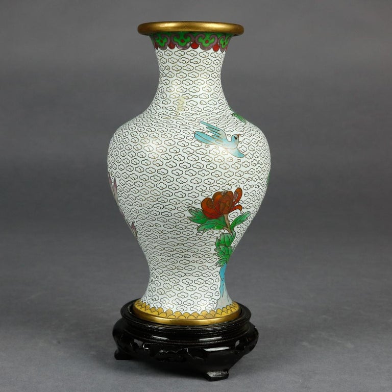 Vintage Chinese Cloisonne Floral Garden Enameled Brass Vase, Original