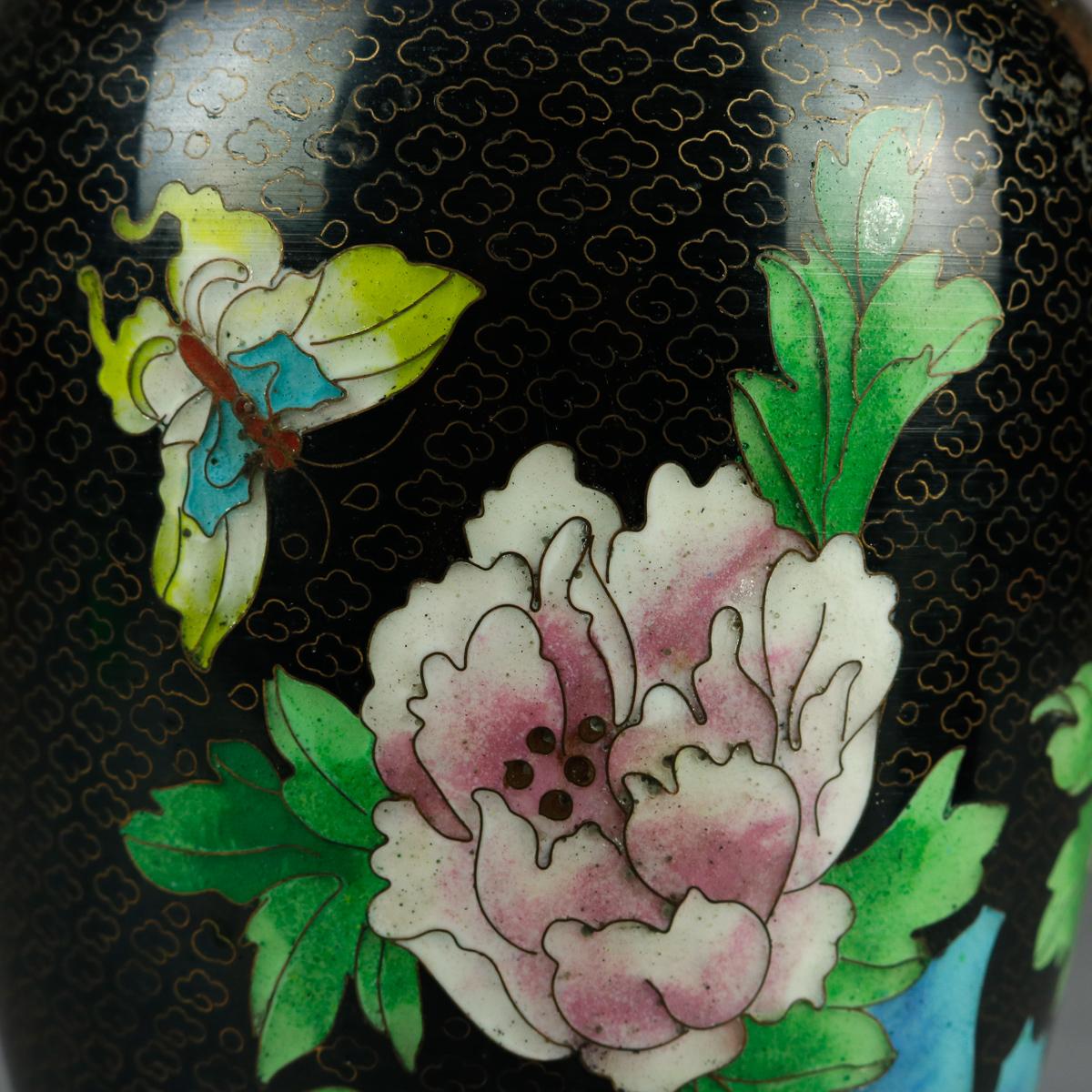 Vintage Chinese Cloisonne Floral Garden Enameled Brass Vase, Original Box 1