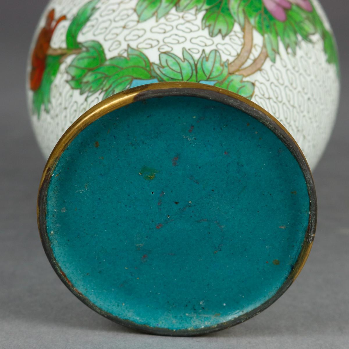 20th Century Vintage Chinese Cloisonne Floral Garden Enameled Brass Vase, Original Box