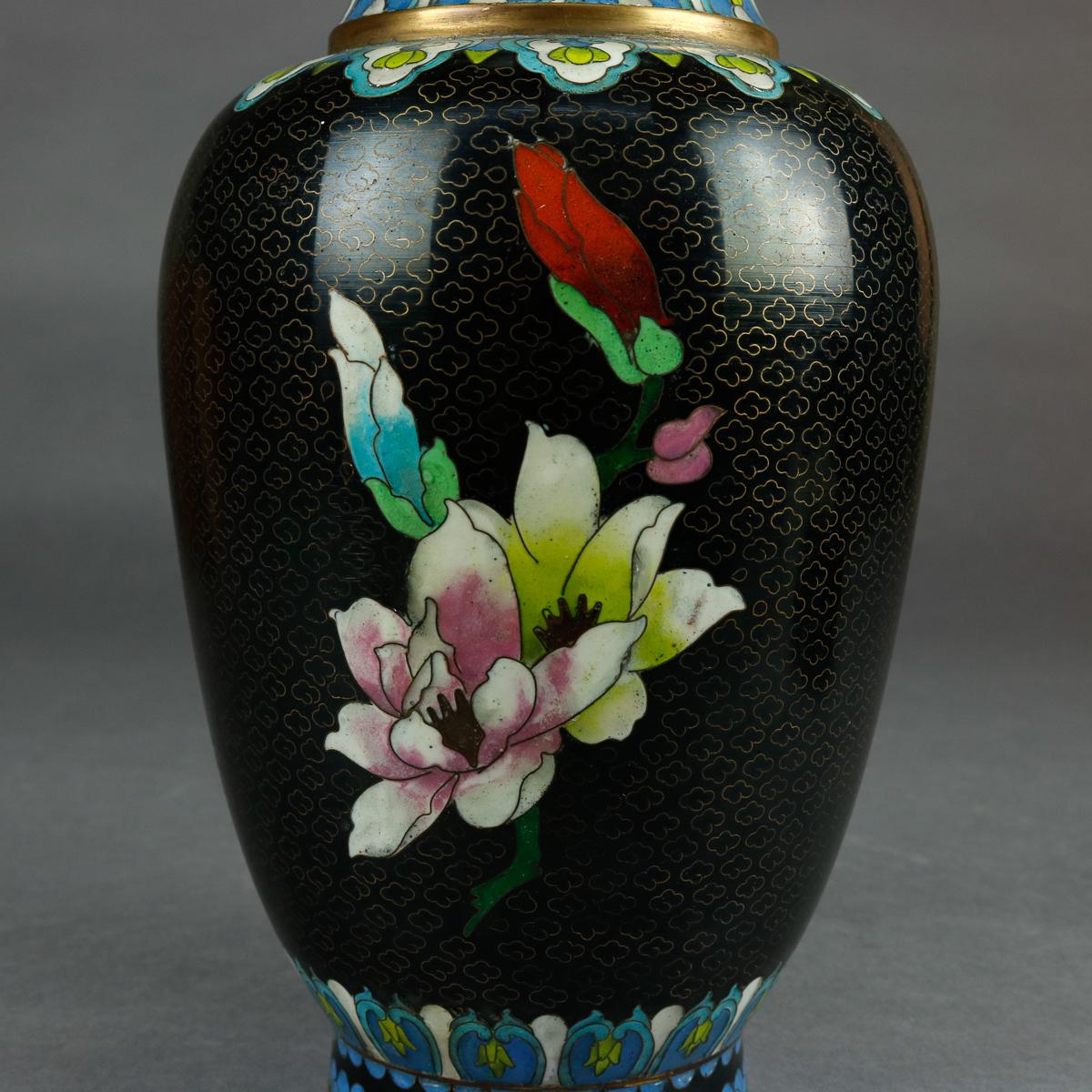 Vintage Chinese Cloisonne Floral Garden Enameled Brass Vase, Original Box 2
