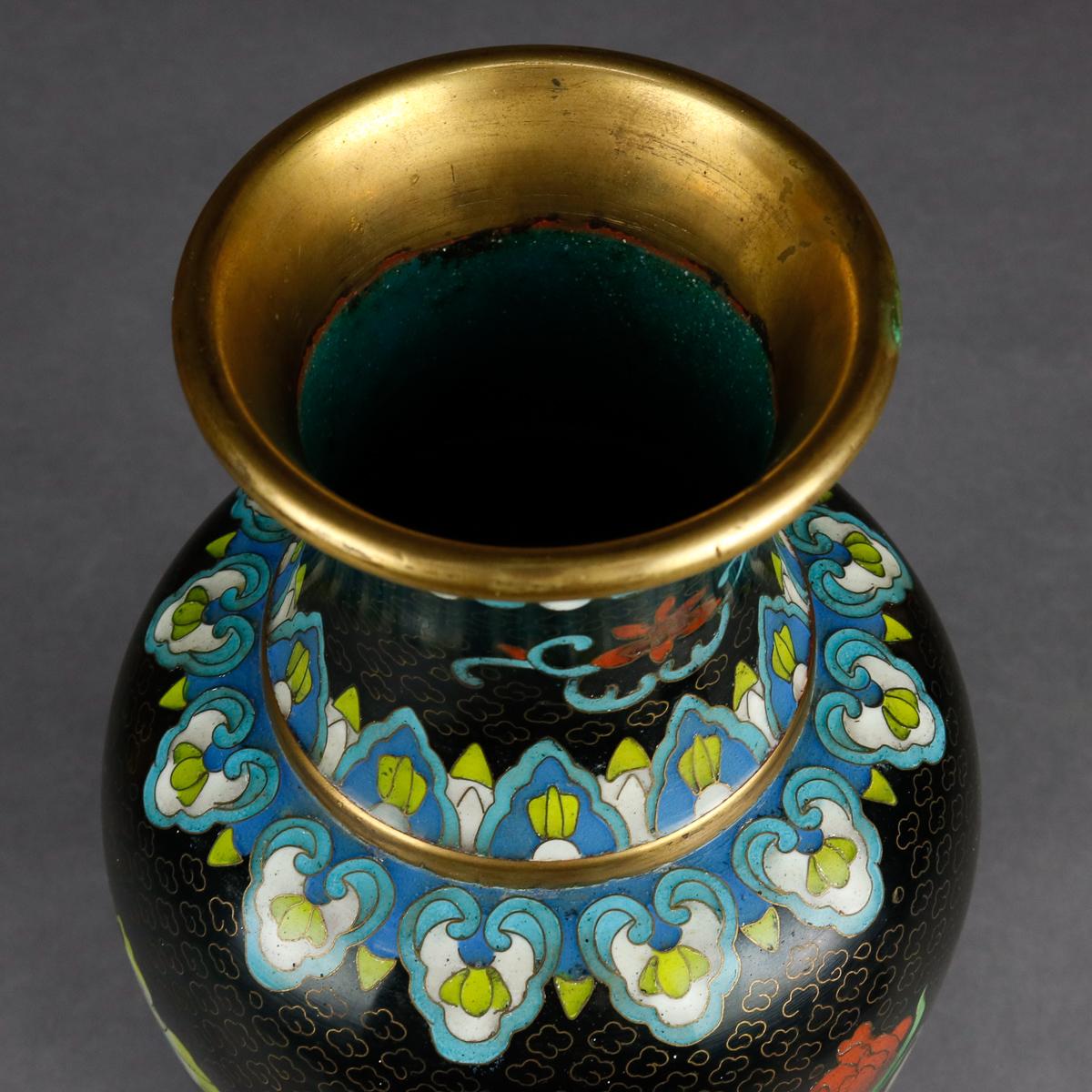 Vintage Chinese Cloisonne Floral Garden Enameled Brass Vase, Original Box 3
