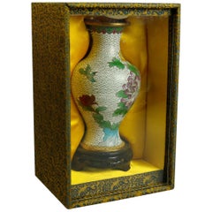 Vintage Chinese Cloisonne Floral Garden Enameled Brass Vase, Original Box