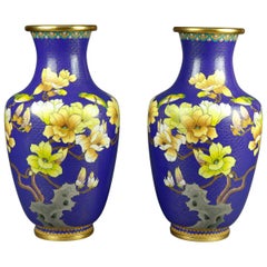 Vintage Chinese Cloisonne Floral Garden Enameled Brass Vases Original Box