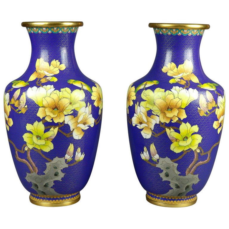 Vintage Chinese Cloisonne Floral Garden Enameled Brass Vases Original