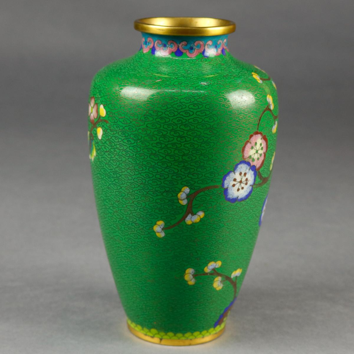 Vintage Chinese Cloisonné Floral Garden Hand Enameled Brass Vase, circa 1930 In Good Condition In Big Flats, NY