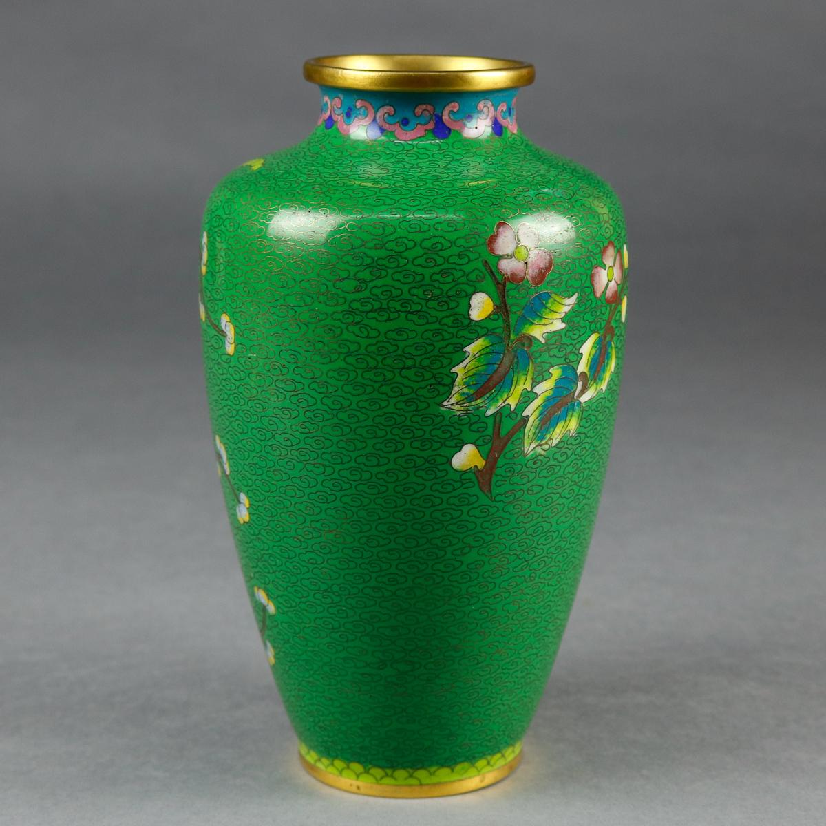 20th Century Vintage Chinese Cloisonné Floral Garden Hand Enameled Brass Vase, circa 1930