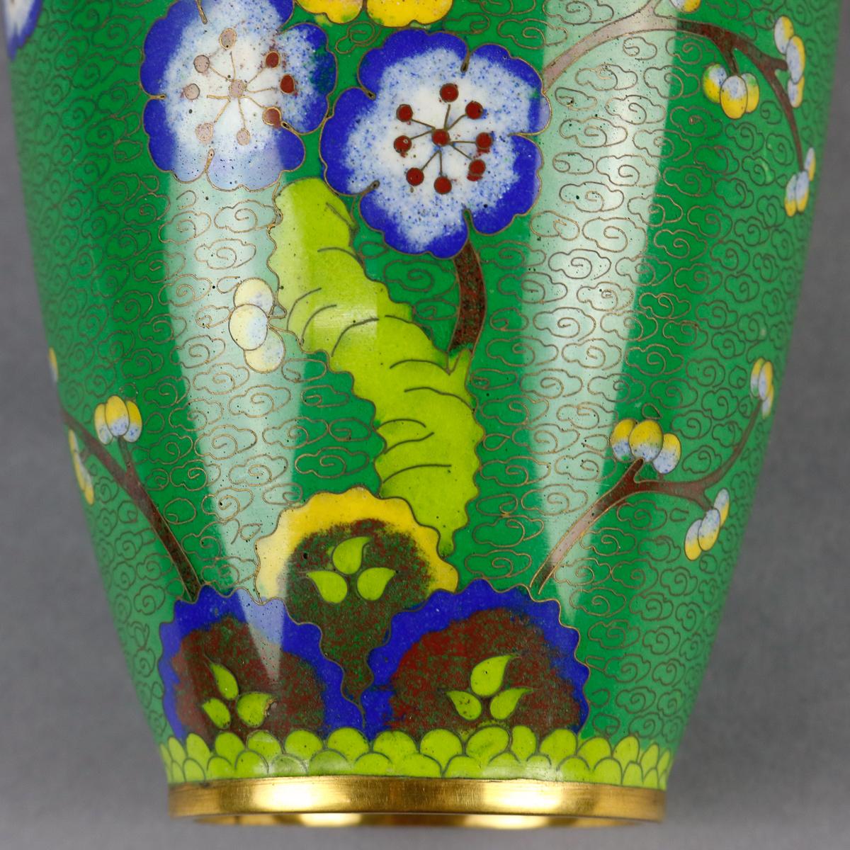 Metal Vintage Chinese Cloisonné Floral Garden Hand Enameled Brass Vase, circa 1930