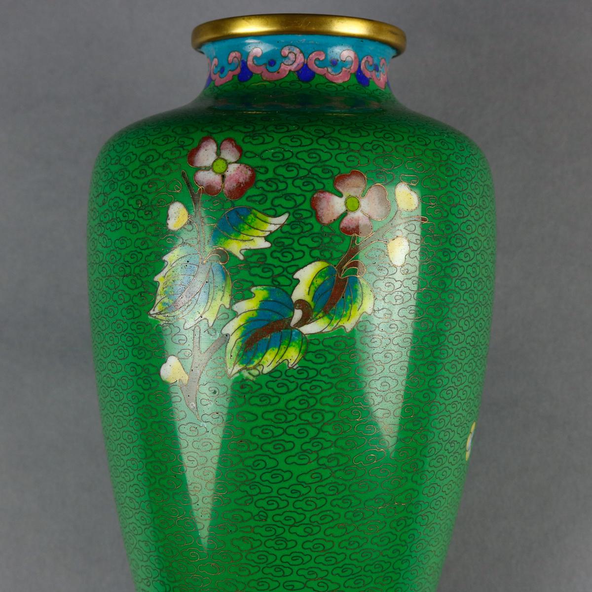 Vintage Chinese Cloisonné Floral Garden Hand Enameled Brass Vase, circa 1930 1