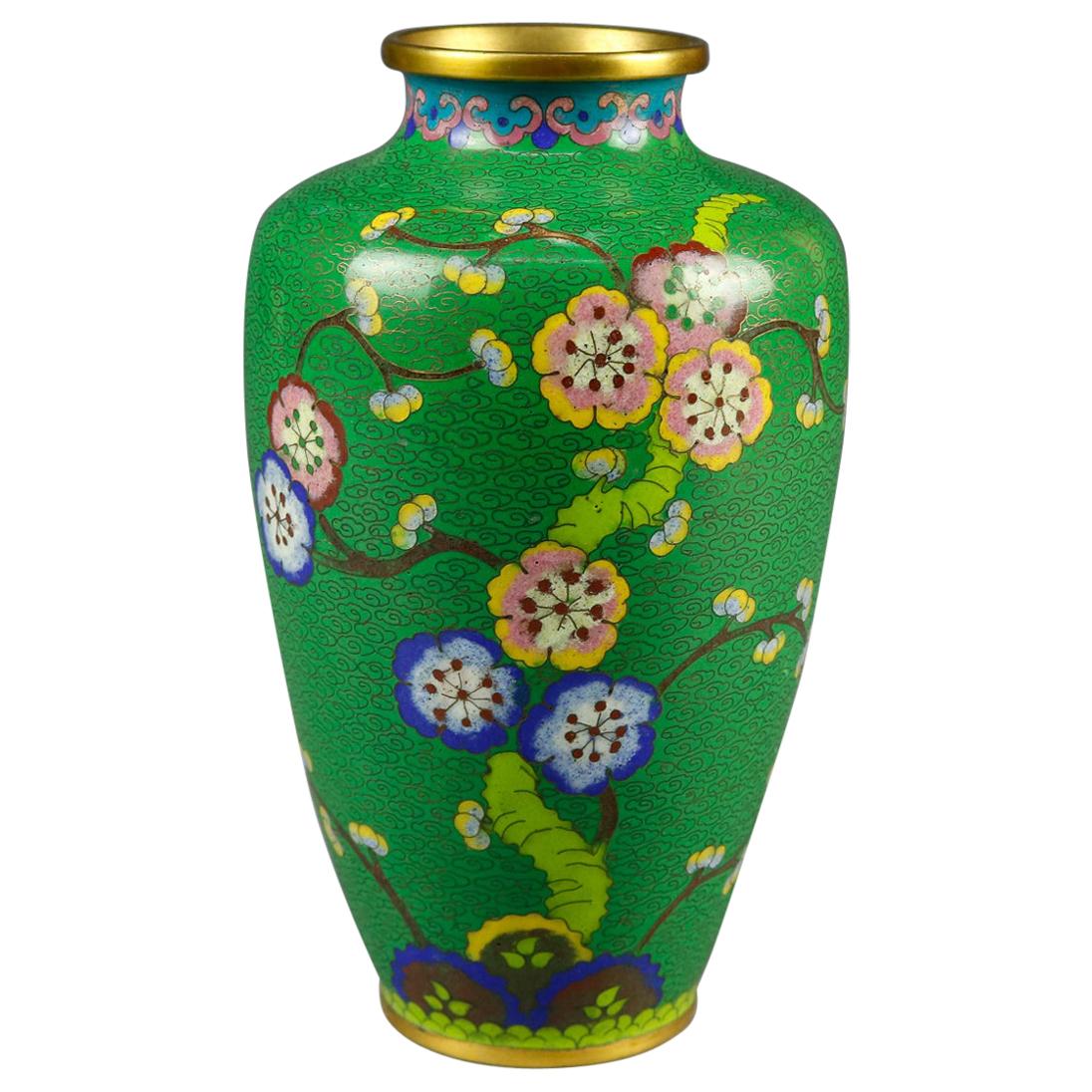 Vintage Chinese Cloisonné Floral Garden Hand Enameled Brass Vase, circa 1930