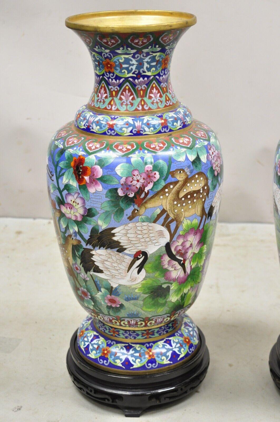 Vintage Chinese Cloisonné Porcelain Enamel Figural Crane and Deer Vase - a Pair For Sale 5