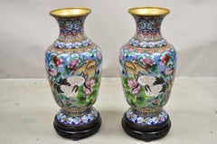 Vintage Chinese Cloisonné Porcelain Enamel Figural Crane and Deer Vase - a Pair