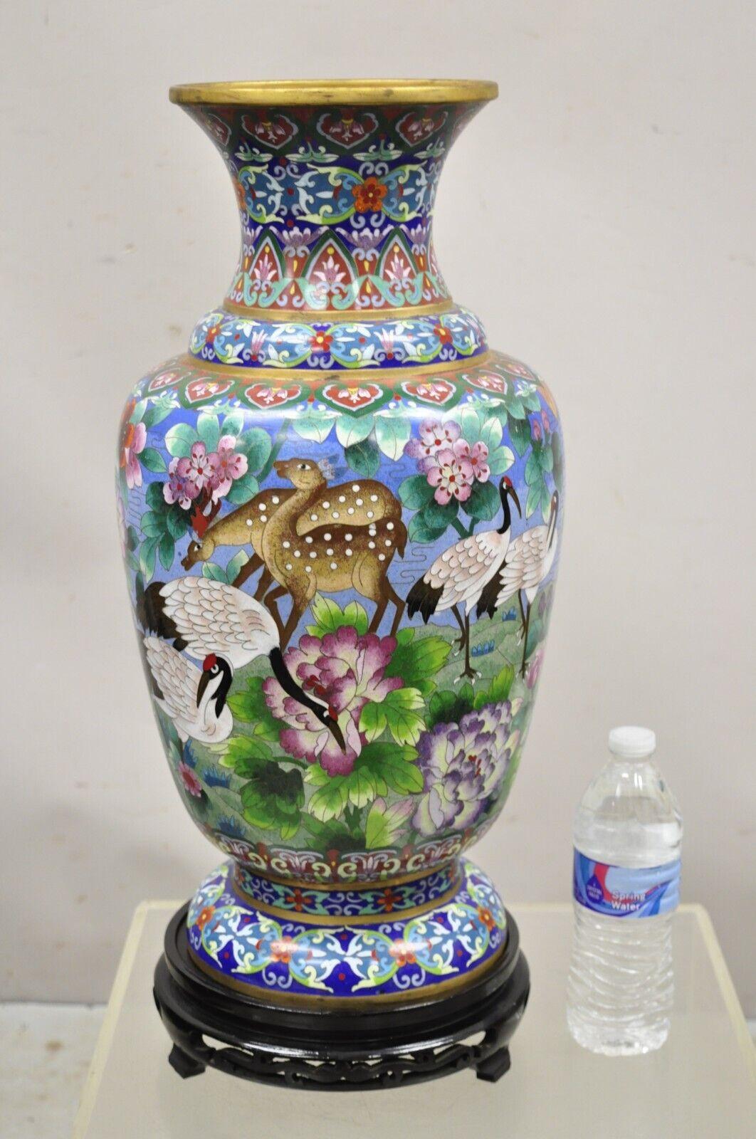 Chinese Export Vintage Chinese Cloisonné Porcelain Enamel Figural Crane and Deer Vase - a Pair For Sale