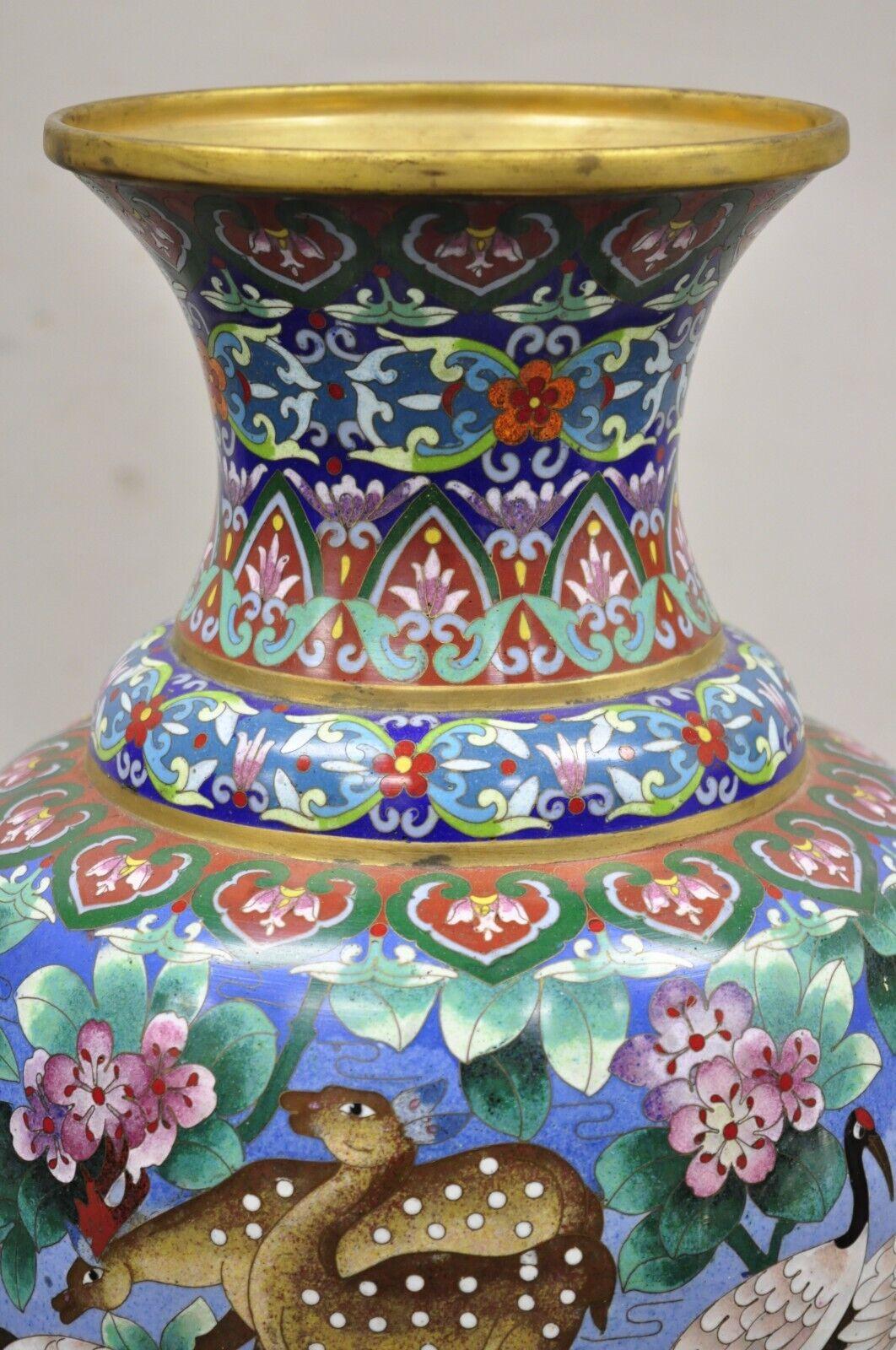 Asian Vintage Chinese Cloisonné Porcelain Enamel Figural Crane and Deer Vase - a Pair For Sale