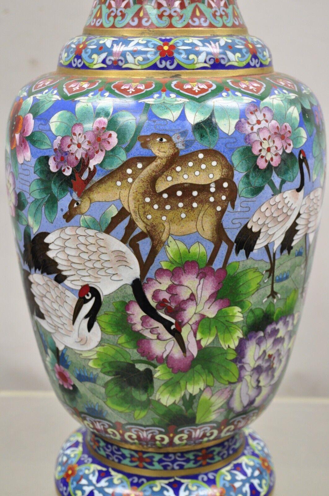 Vintage Chinese Cloisonné Porcelain Enamel Figural Crane and Deer Vase - a Pair In Good Condition For Sale In Philadelphia, PA