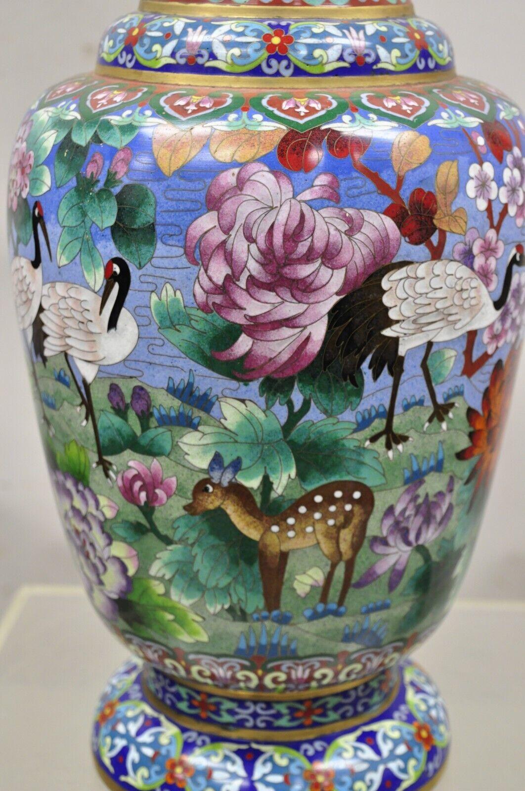 20th Century Vintage Chinese Cloisonné Porcelain Enamel Figural Crane and Deer Vase - a Pair For Sale