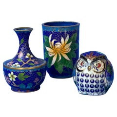 Vintage Chinese Cloisonné - Vase, Beaker and Owl Ornament - Blue Toned