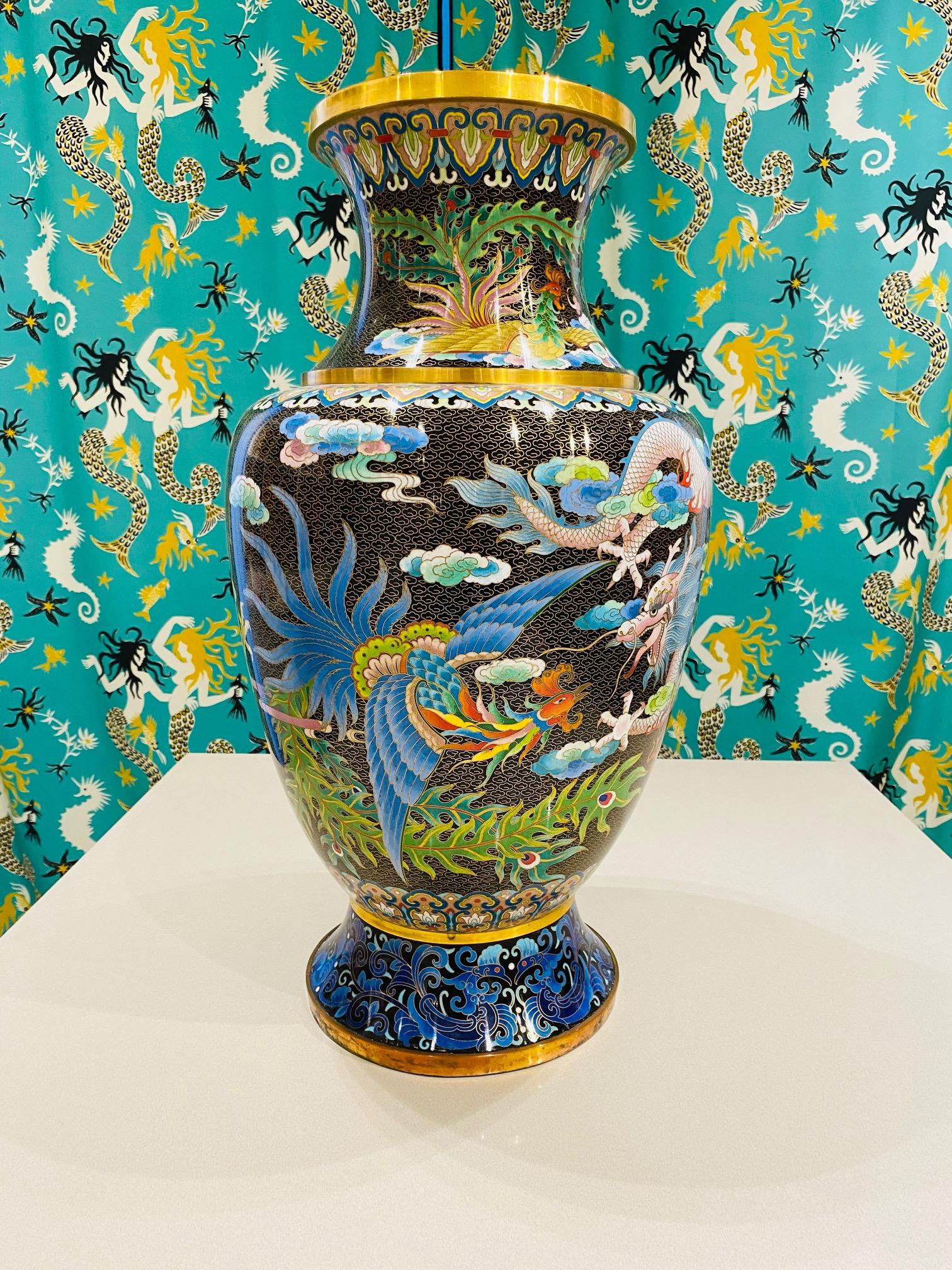 Chinese Export Vintage Chinese Cloisonné Vase with Dragon and Phoenix, c. 1940's
