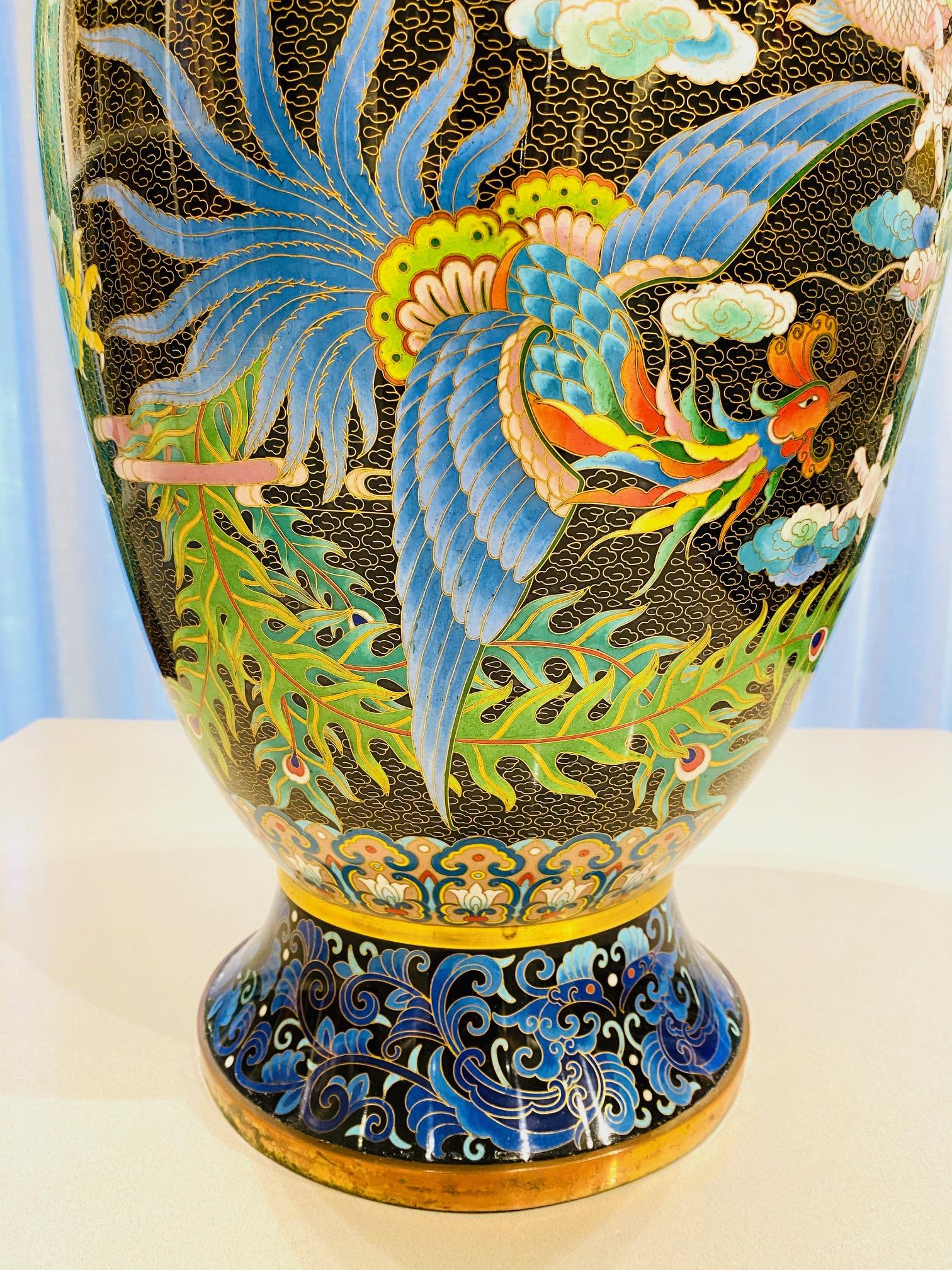 Cast Vintage Chinese Cloisonné Vase with Dragon and Phoenix, c. 1940's