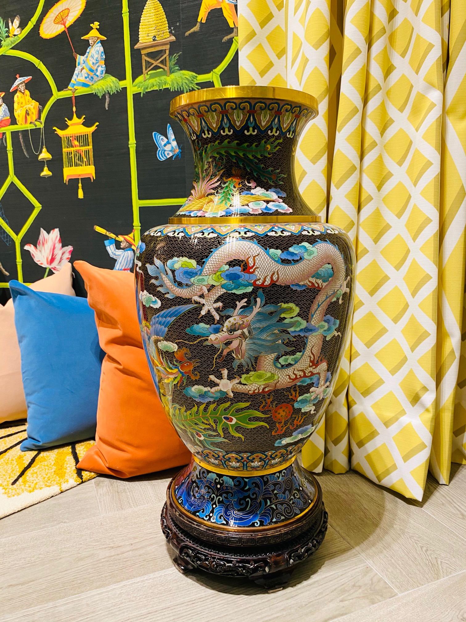 Vintage Chinese Cloisonné Vase with Dragon and Phoenix, c. 1940's 1