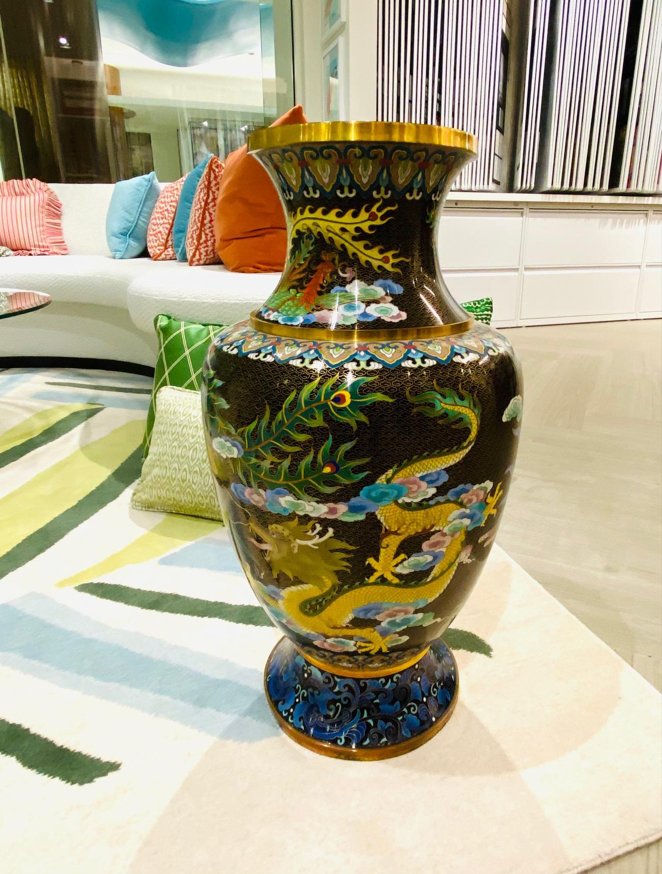 Brass Chinese Cloisonné Vase with Large Phoenix and Dragon, circa 1940s For Sale