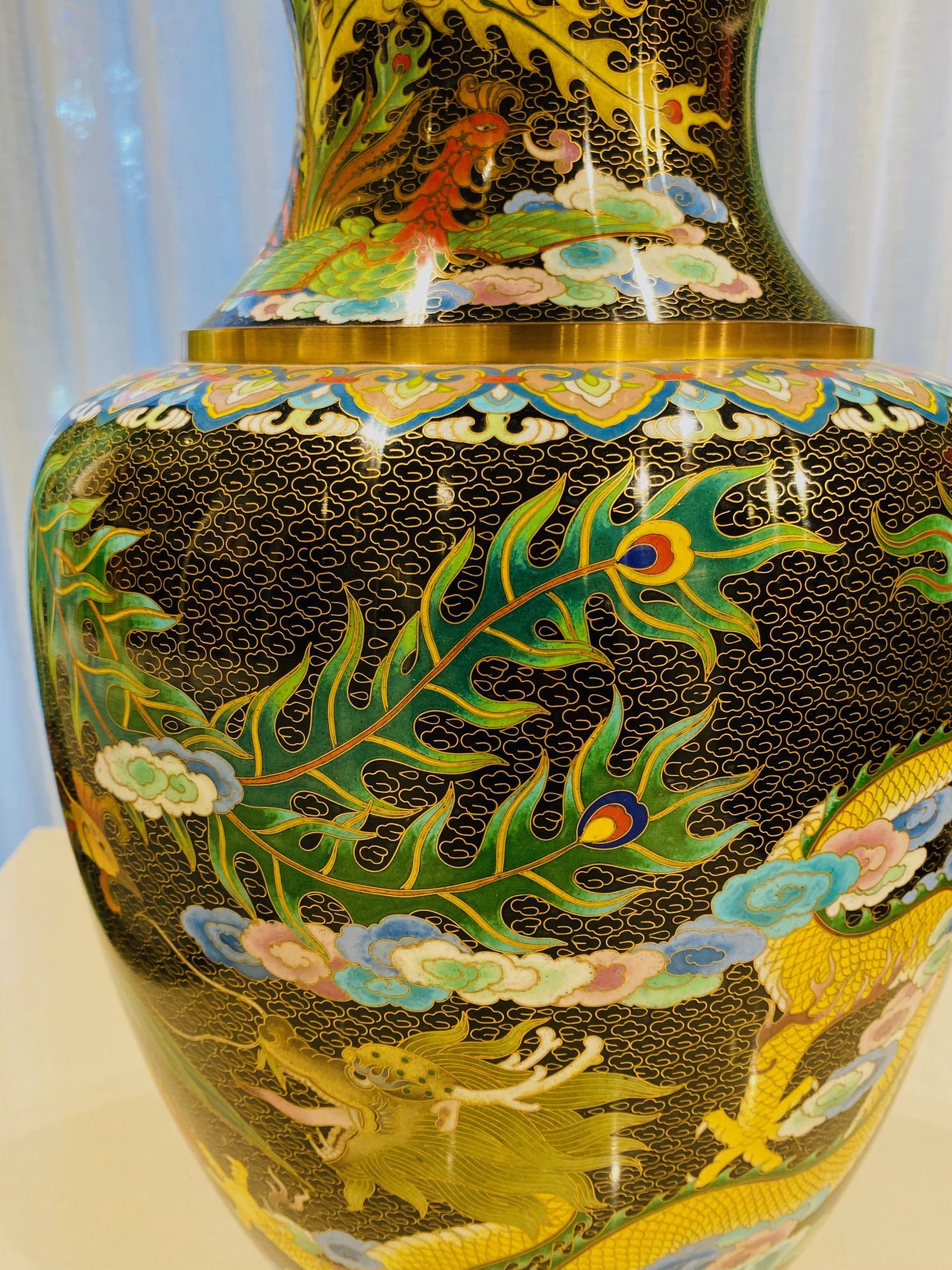 Chinese Export Chinese Cloisonné Vase with Large Phoenix and Dragon, circa 1940s For Sale
