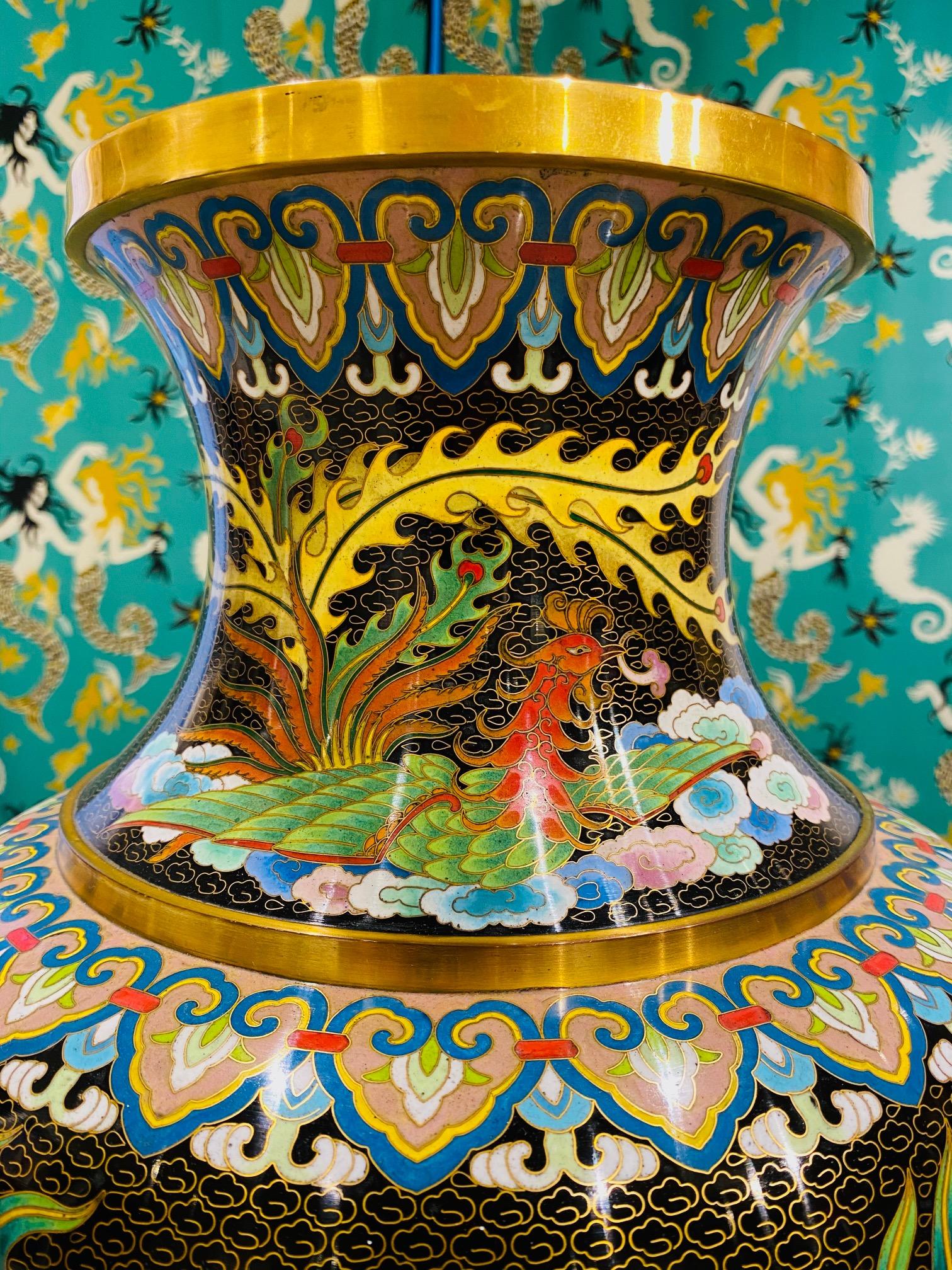 Hand-Crafted Chinese Cloisonné Vase with Large Phoenix and Dragon, circa 1940s For Sale