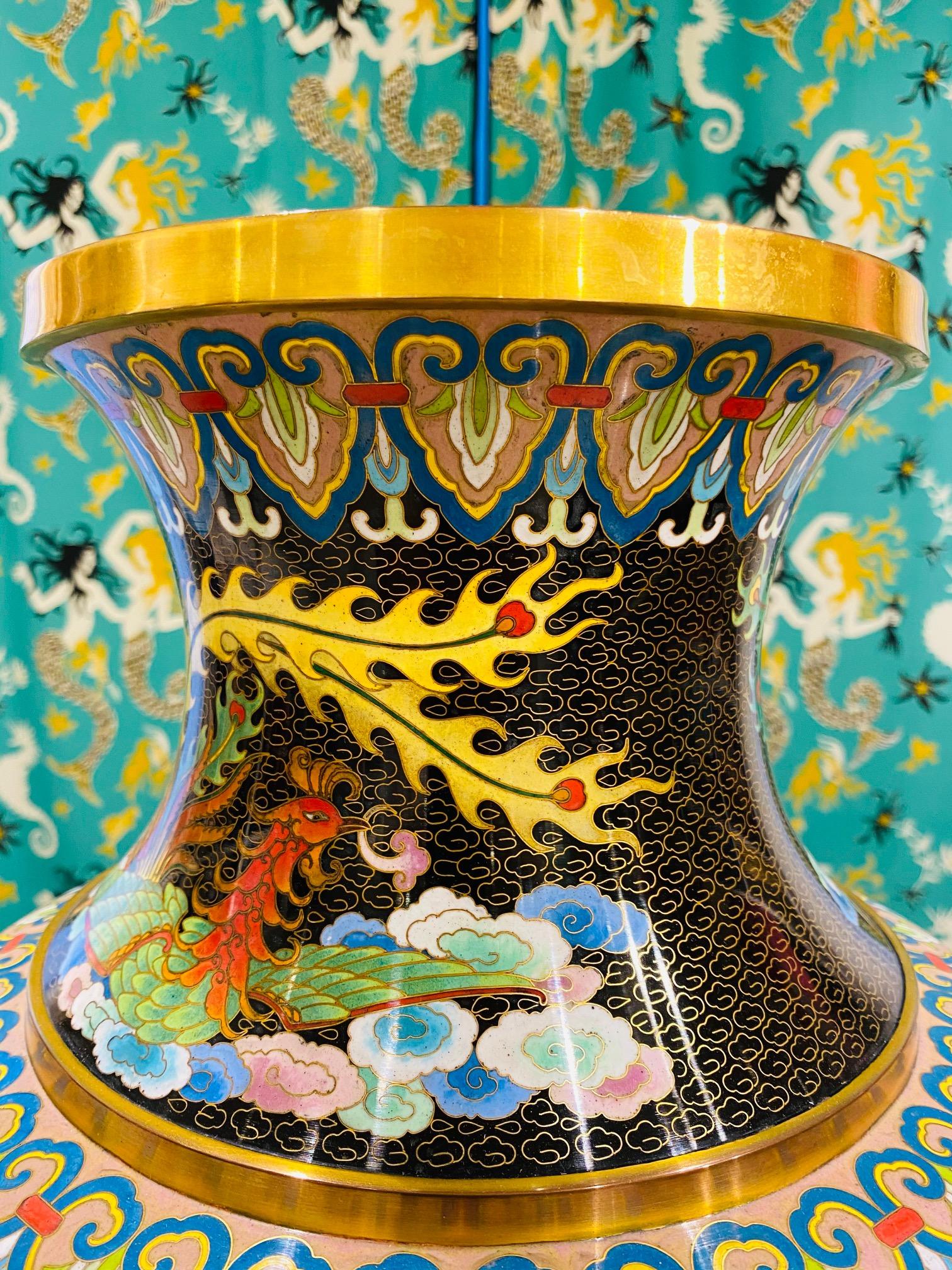 Chinese Cloisonné Vase with Large Phoenix and Dragon, circa 1940s In Good Condition For Sale In Fort Lauderdale, FL